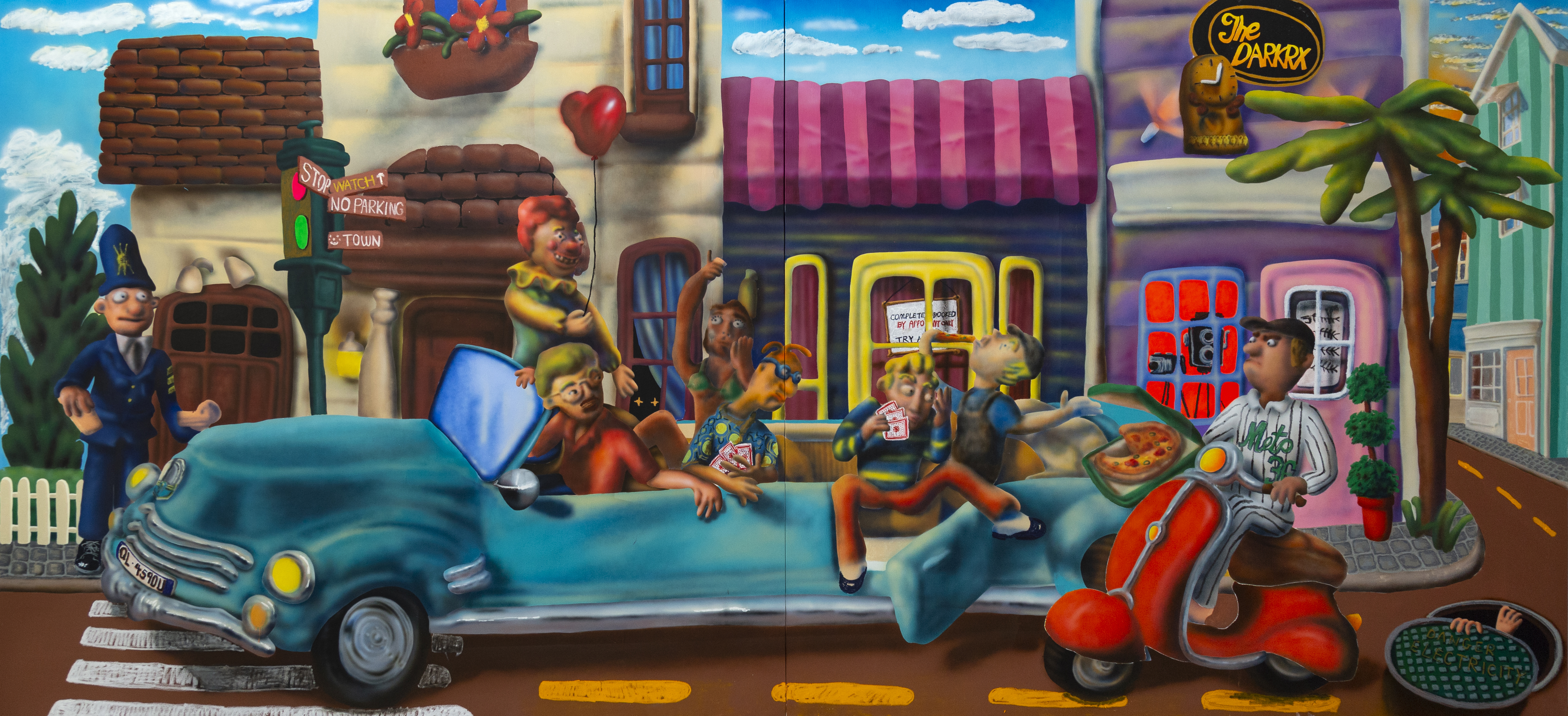 A colourful painting by Jingzhou Yan depicts cartoonish people in and around a large vintage car, a pizza delivery scooter, a police officer, and storefronts with vibrant facades on a sunny street.