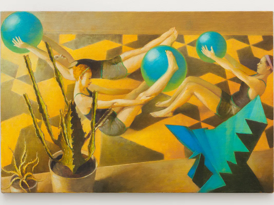 A painting by Benjamin Senior shows three women in swimsuits exercising with blue balls on a yellow geometric floor. In the foreground are a green cactus in a pot and a large abstract blue-green geometric sculpture shaped like a butterfly. Warm light casts dramatic shadows across the scene.