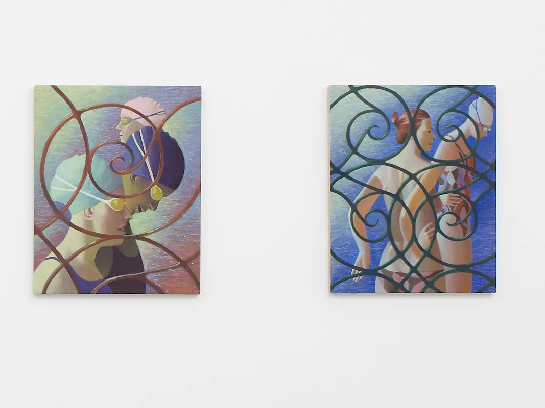 Two paintings by Benjamin Senior hang on a white wall. Each painting depicts figures in swimming caps near water, overlaid with swirling, decorative ironwork patterns that partially obscure the people. The colour palette includes blues, greens, and pinks, evoking a calm, aquatic scene.