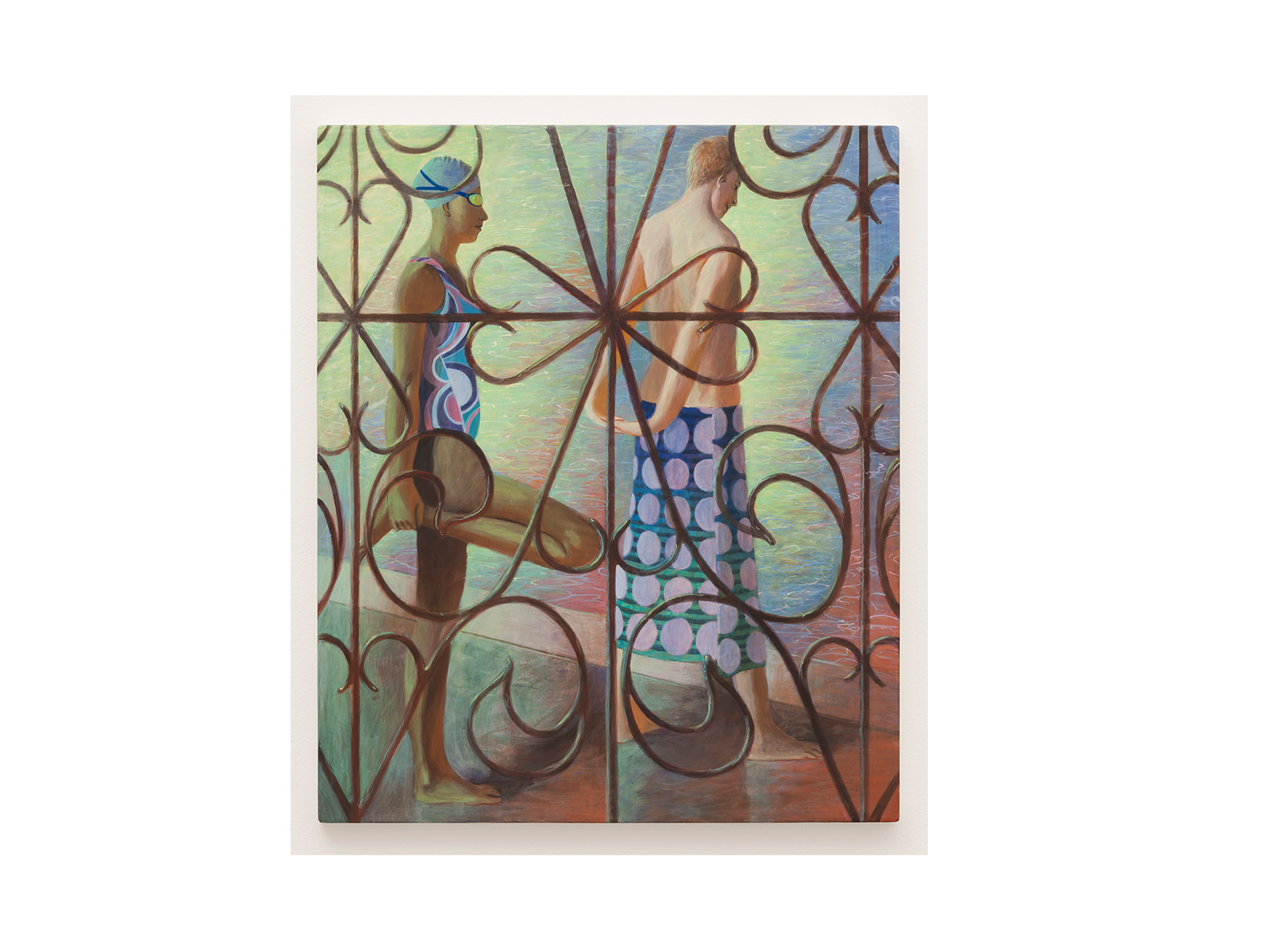 A painting by Benjamin Senior shows two people in swimwear standing side by side. Curved iron bars in the foreground create a decorative grille over them. The background suggests a beach or pool scene with soft, pastel colours and a water-like texture.