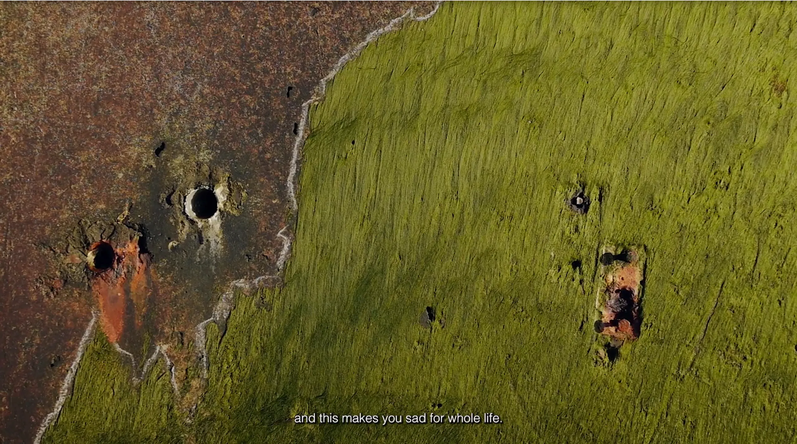 A still from Koa Pham's moving image that shows an aerial view of a rusted, corroded surface on the left merging into textured green moss or algae on the right, with several circular holes. Subtitle at the bottom reads, “and this makes you sad for whole life”.