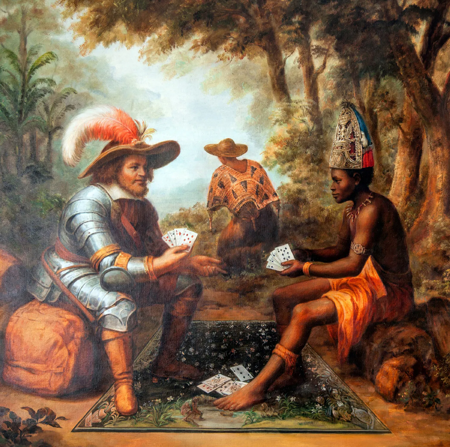 A European man in armour and feathered hat plays cards with an African man in a crown and orange wrap, both seated on a rug outdoors. Lush trees surround them, and a third person in patterned clothing sits with their back to the viewer.