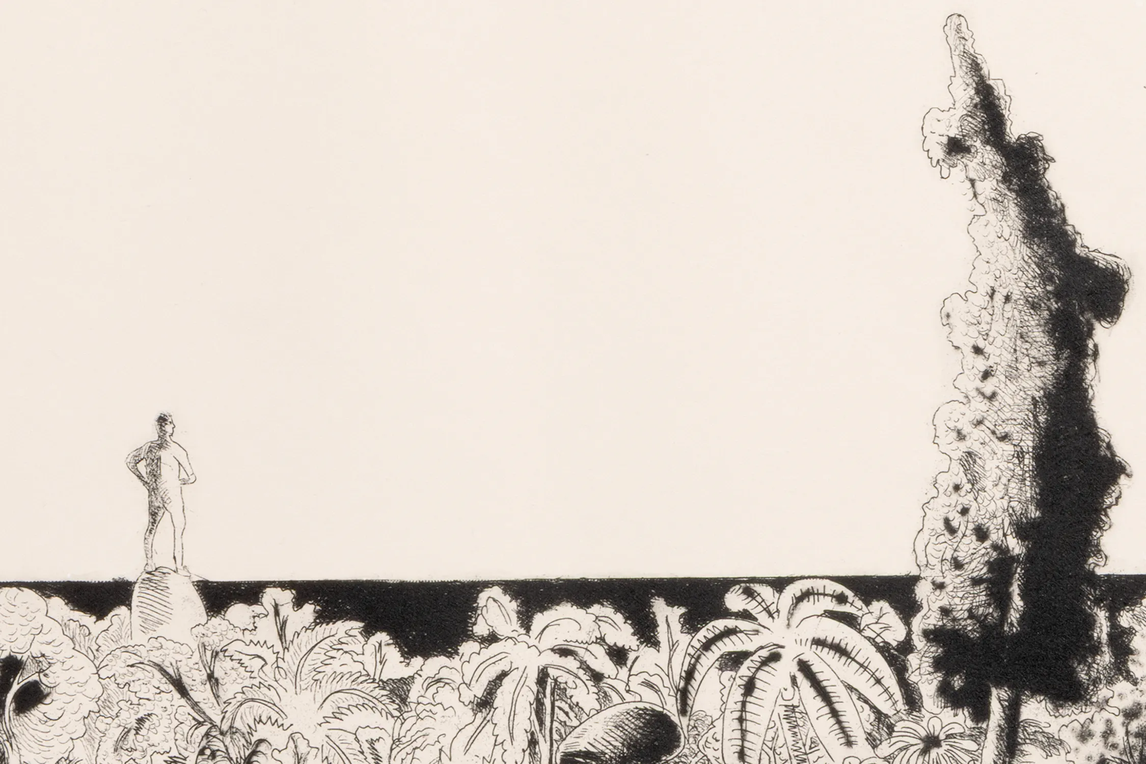 A black and white etching by T. Venkanna shows a small figure standing on a rock amid dense, leafy plants. The figure faces right, hands on hips. At right, a tall, textured, tree-like shape rises above the foliage. The background is mostly blank, emphasising empty space.