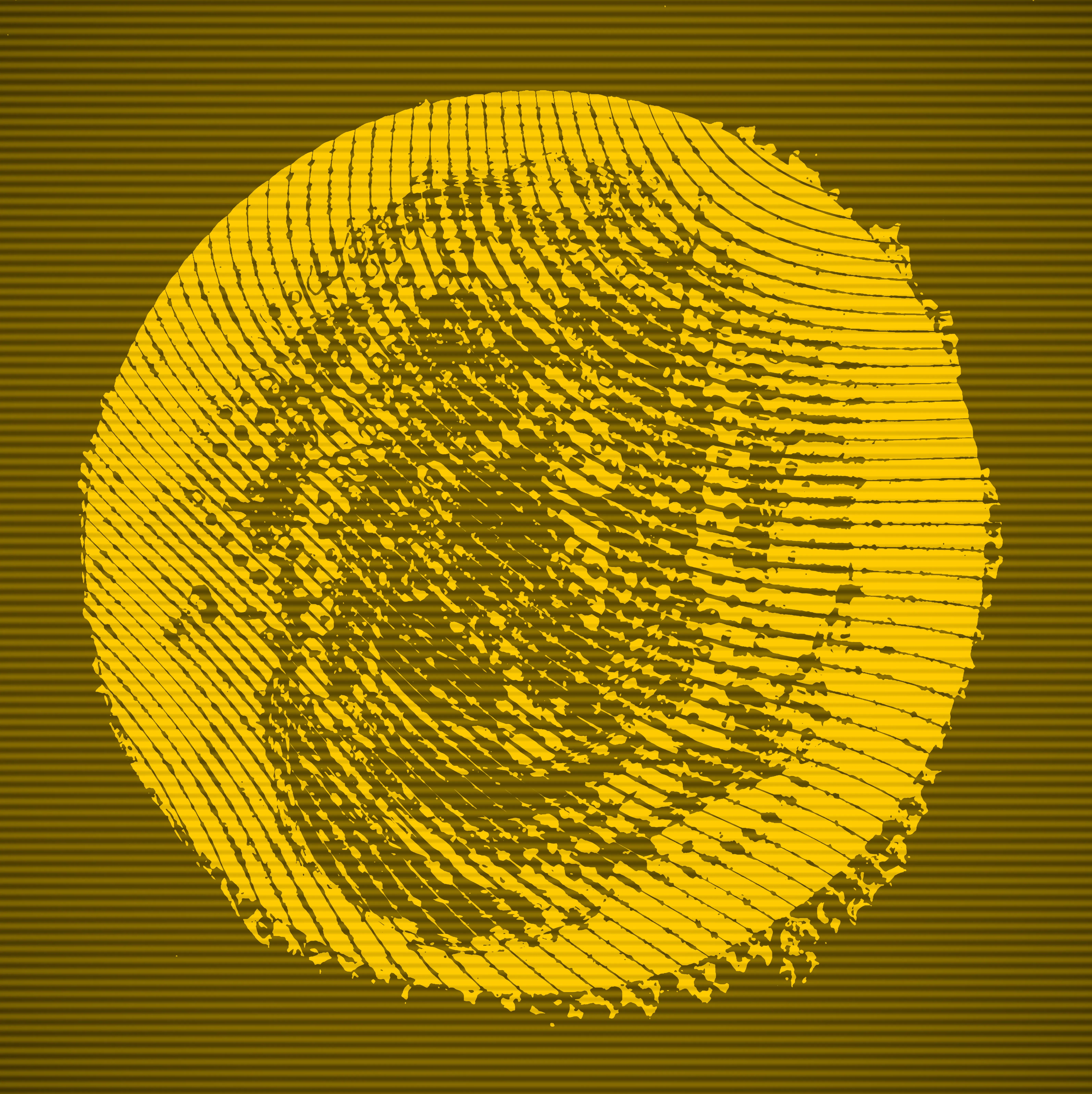 A large yellow textured sphere with a grid-like pattern appears over a brown striped background. The sphere is detailed with irregular, abstract markings and distortions, creating a sense of depth and movement.