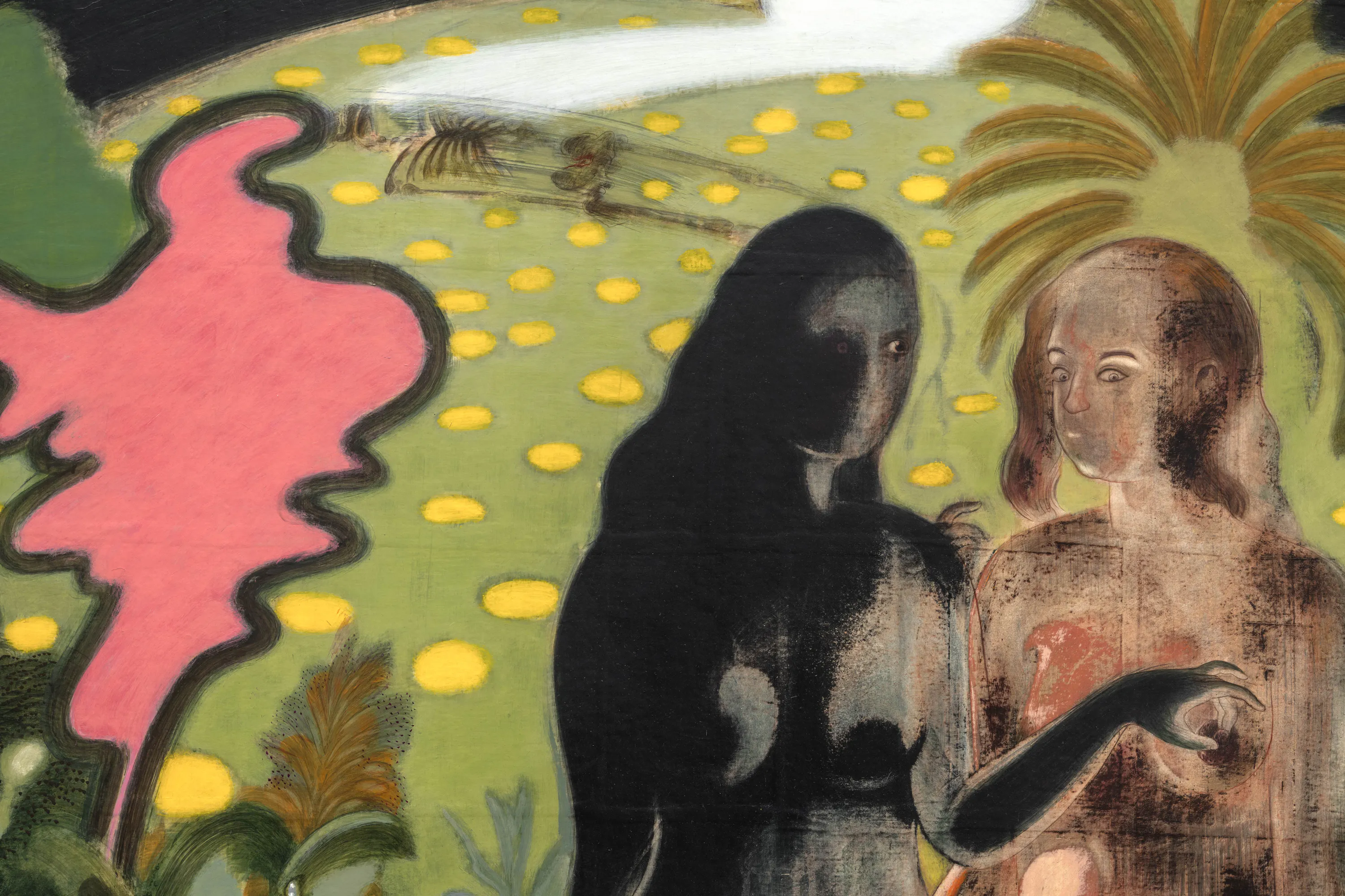 A painting by T. Venkanna, with two figures standing closely in a surreal landscape. The left figure is dark and shadowy, whilst the right is pale with brown hair. Both appear nude. Behind them are palm trees, yellow dots, and an abstract pink shape on the left. A skeleton floats in the green sky.