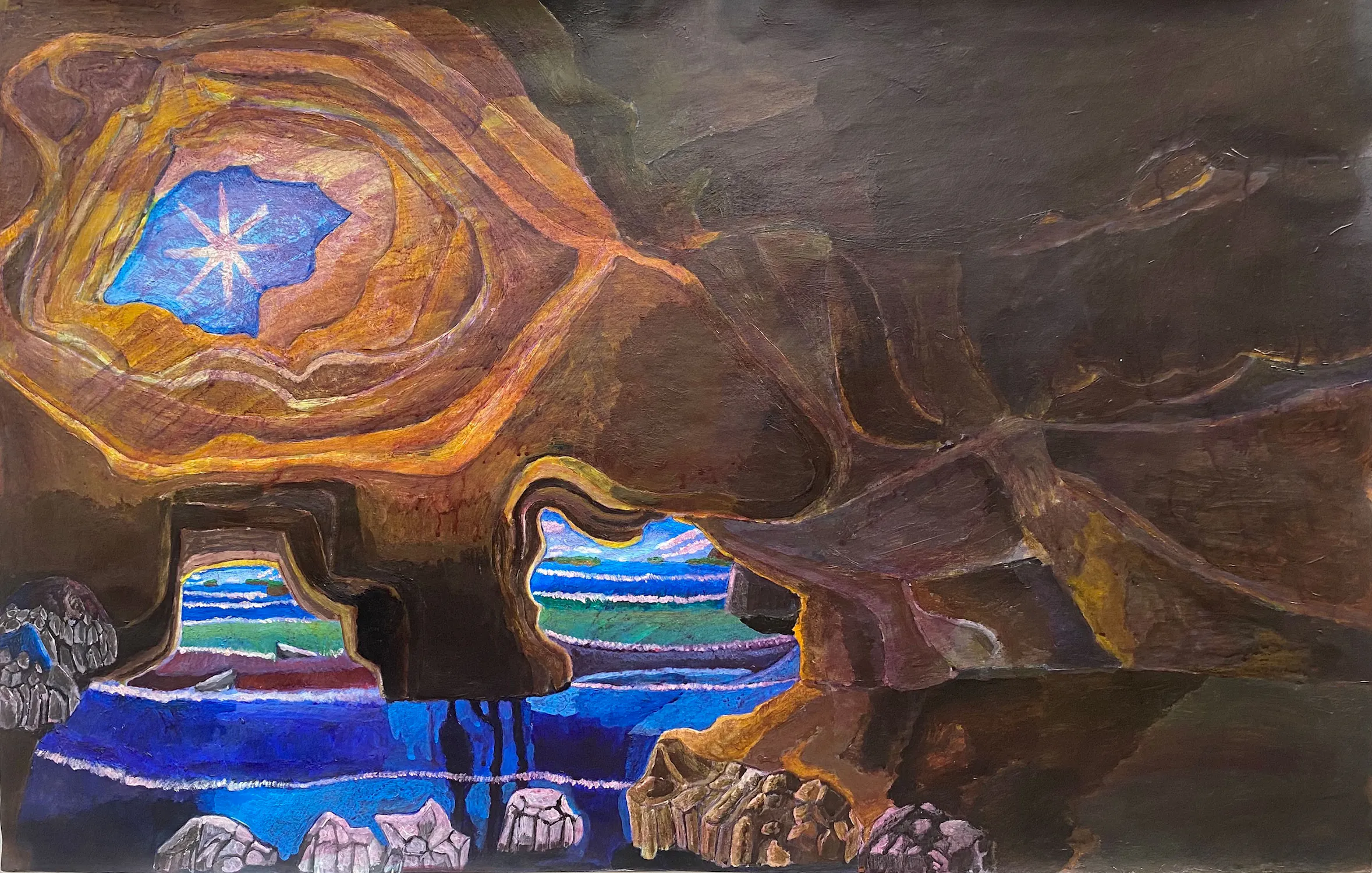 Abstract painting of a cave with an opening at the top depicting a bright star. The interior features brown and orange hues, with blue and green water-like imagery visible through archways, suggesting an underground lake or river.