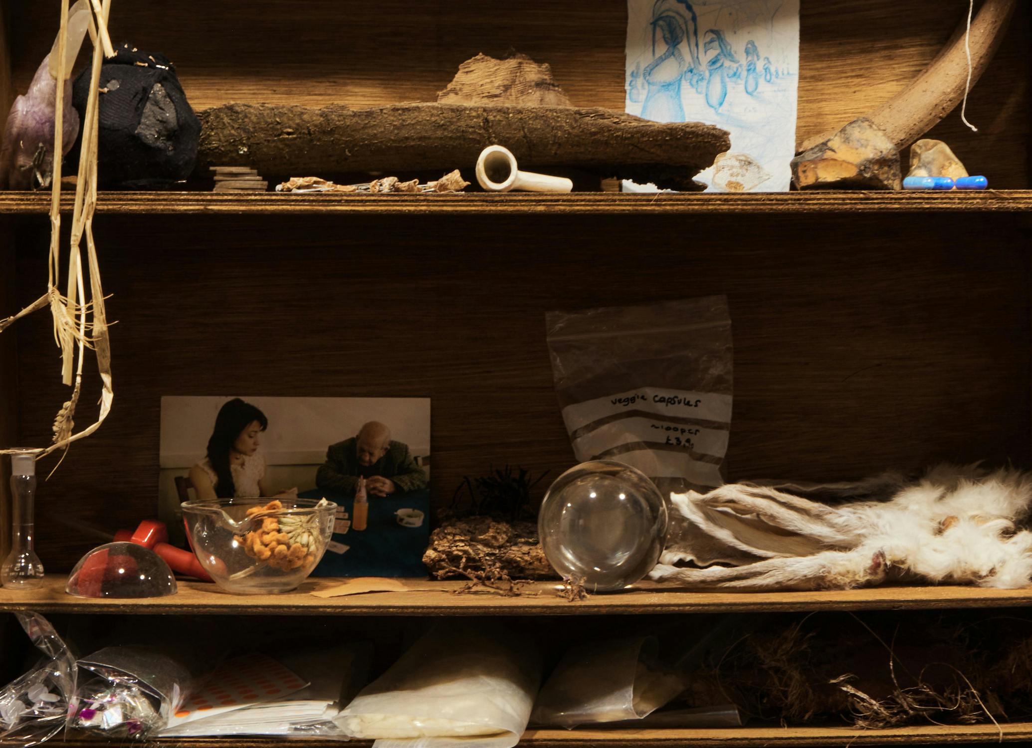 A dark and shadowy shelf filled with intricate objects and general detritus