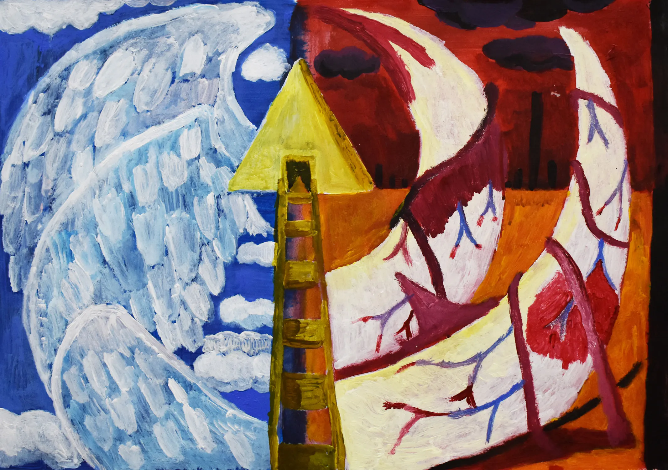 Abstract painting with a central yellow triangle atop a ladder. The left side features blue and white swirling shapes, resembling wings and clouds. The right side displays red and orange swirling patterns with dark clouds and vertical black lines.