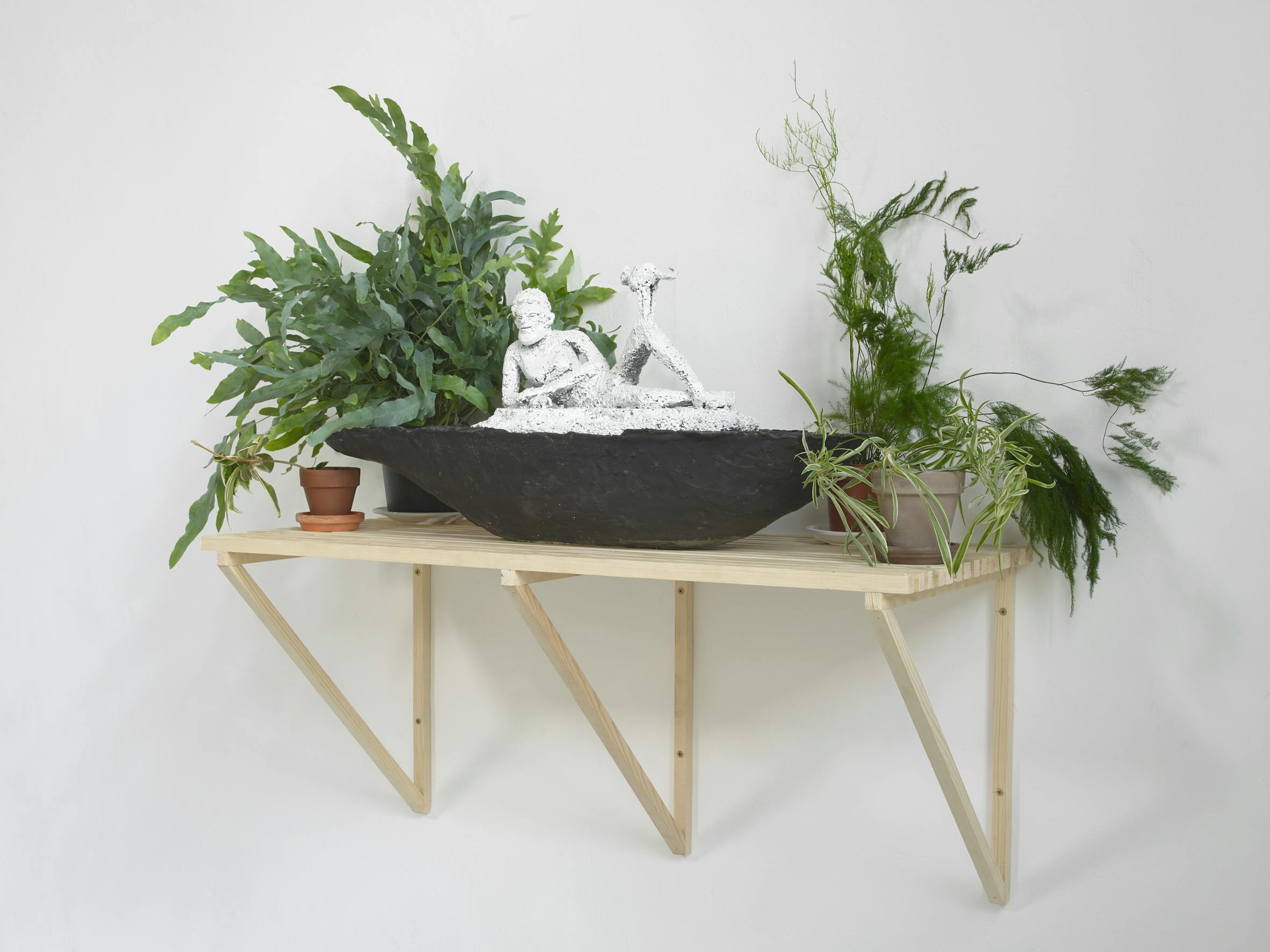 A wooden shelf holds potted green plants and a black bowl with a white statue of two figures posed playfully. The background is a plain white wall, and the plants have various leaf shapes and sizes, adding texture around the central sculpture.