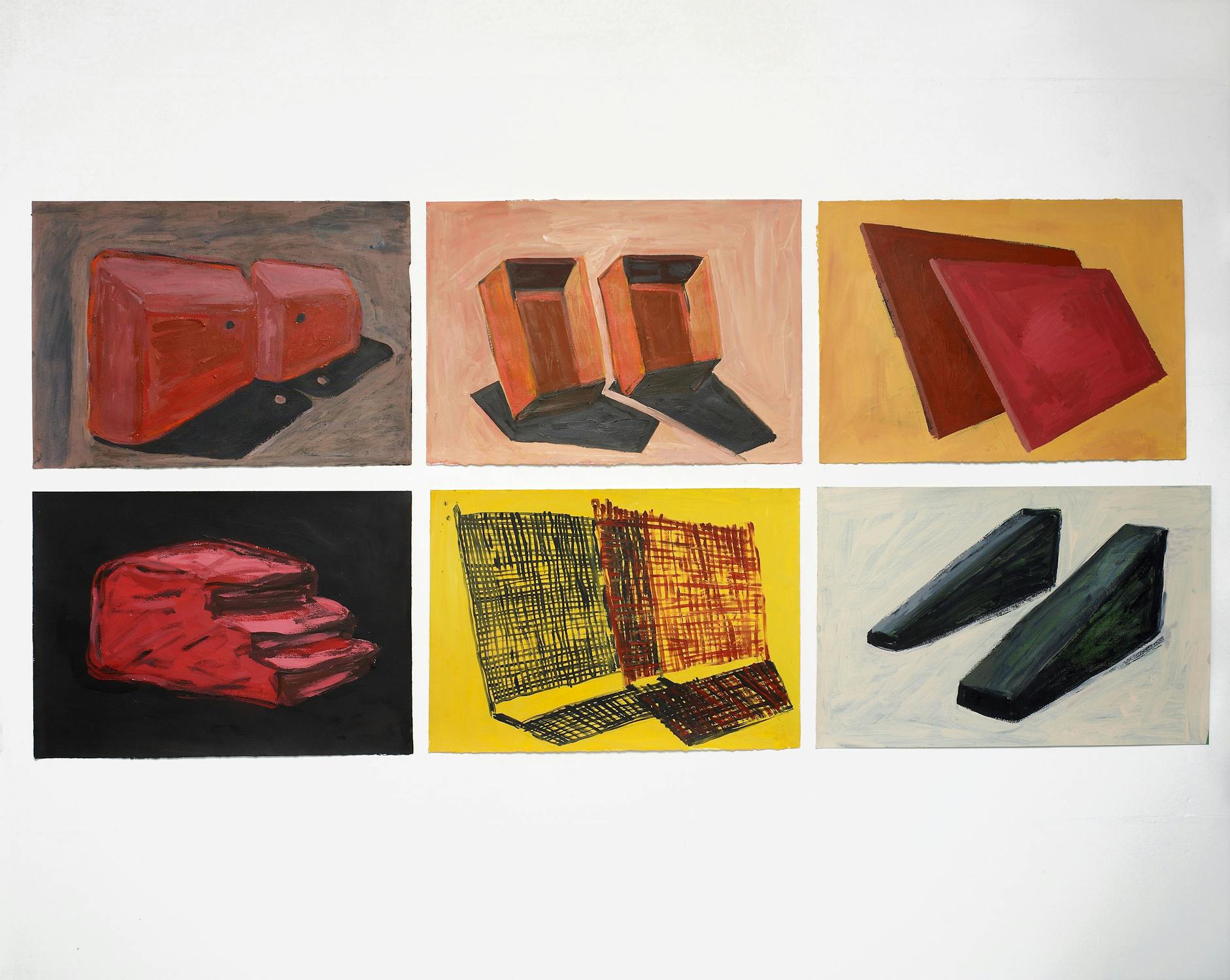 Six abstract paintings of geometric, boxy objects are arranged in two rows. Each artwork uses bold colours—red, yellow, black, and brown—and strong shadows. The objects resemble stylised boxes, slabs, or grids, each depicted from a different perspective.