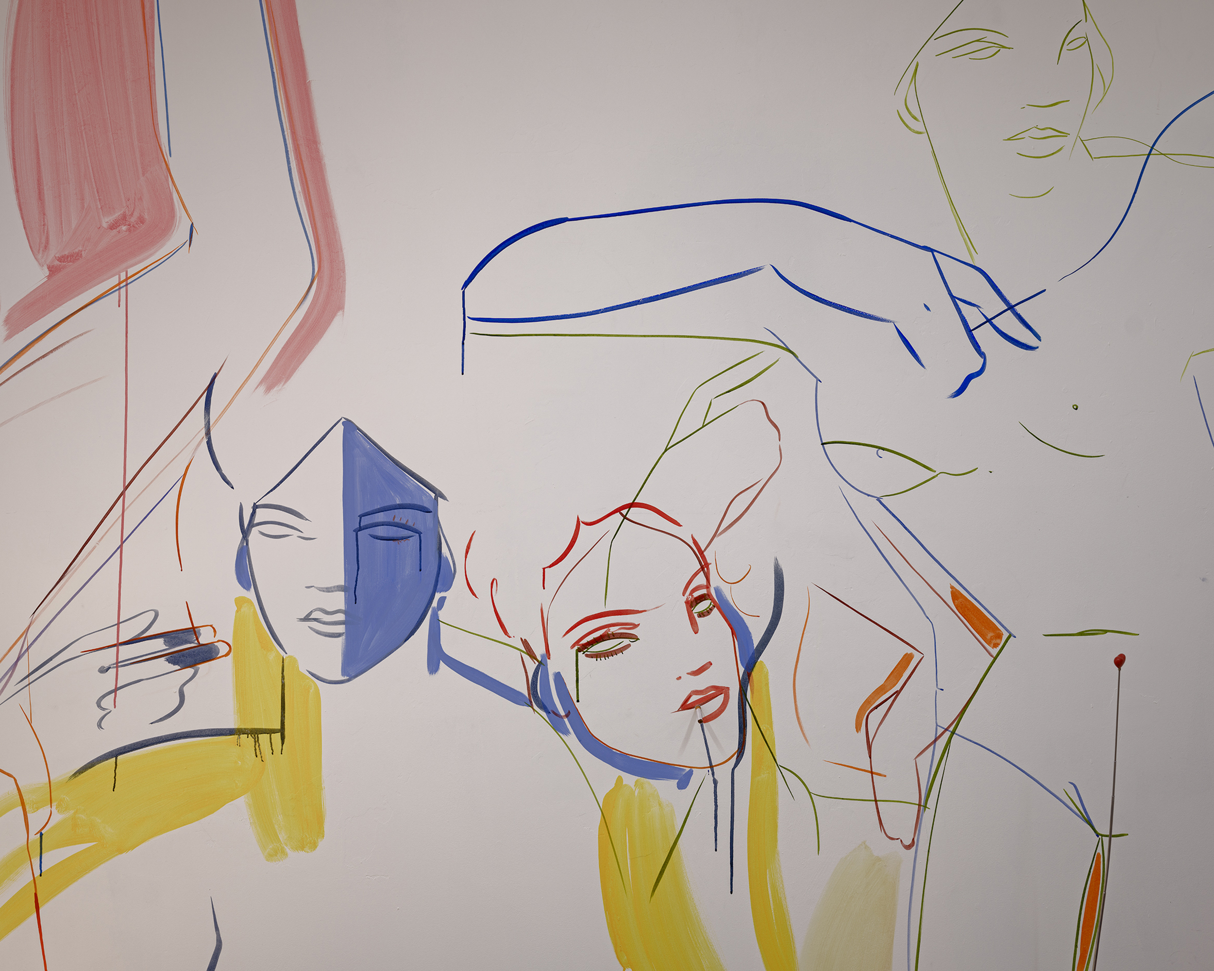Abstract line paintings by France-Lise McGurn of three human figures with minimal facial features, outlined in blue, red, and yellow on a white background. Some areas are shaded with broad strokes of colour, giving a dynamic, expressive feel.