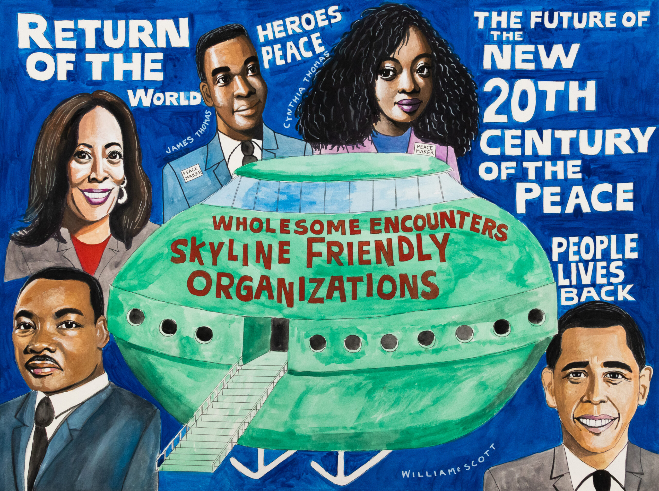 A colourful painting features a green UFO labelled “Wholesome Encounters Skyline Friendly Organisations” with stairs. Surrounding it are portraits of four smiling Black individuals and Martin Luther King Jr. Bold text reads phrases about peace and the future.