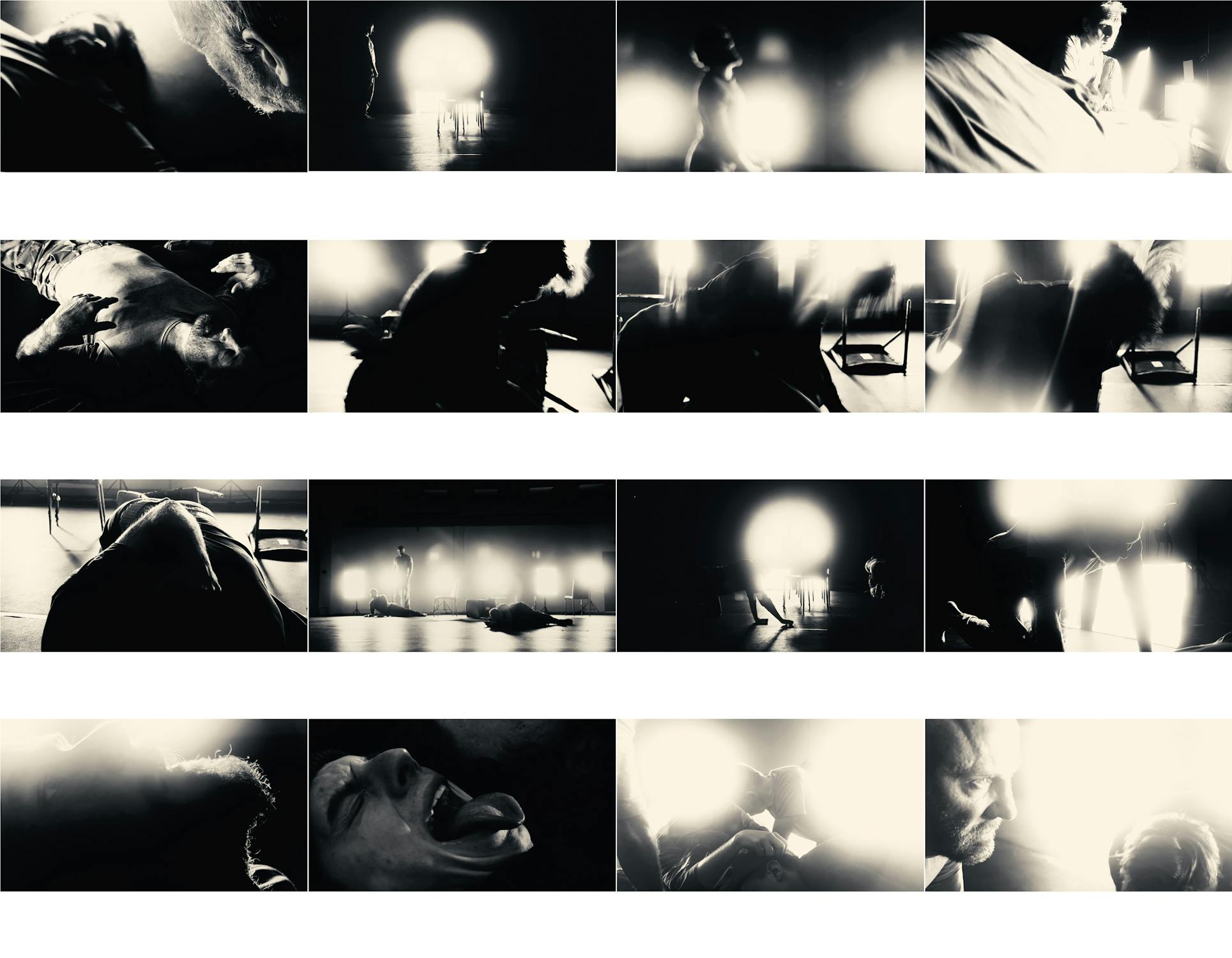 A collage of 18 black-and-white, highly contrasted and blurry photos shows abstract scenes with people in dramatic lighting, evoking intense emotions and movement in shadowy, indistinct settings.