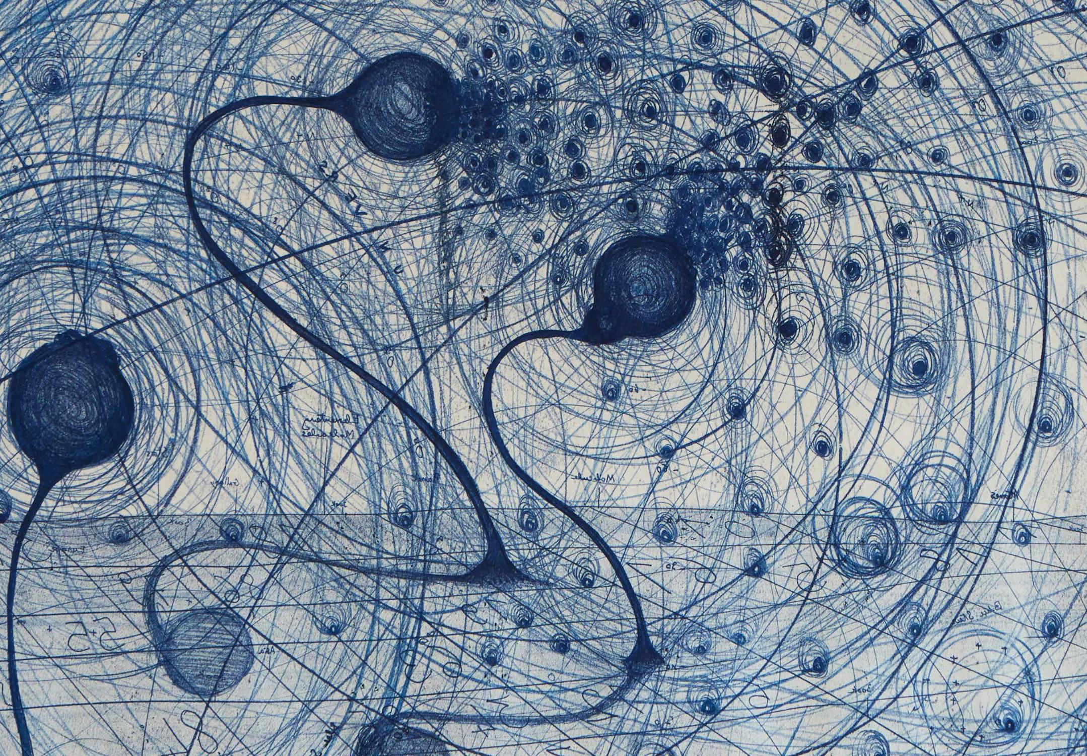 An abstract artwork featuring intricate blue lines and spirals on a white background. The swirling patterns interconnected by curving lines create an impression of movement and complexity, resembling a cosmic or neural network.