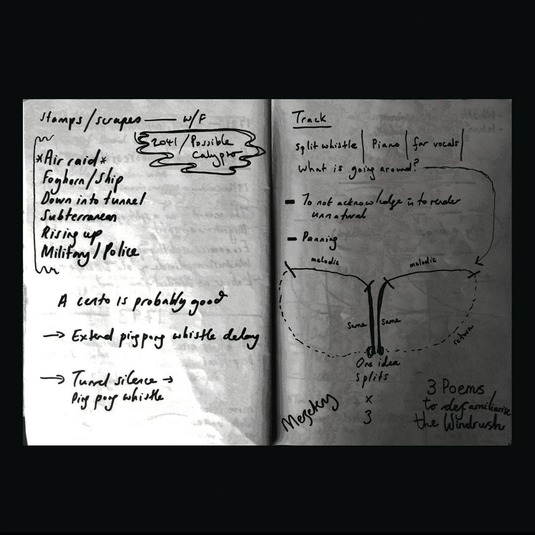 A black and white photocopy of artist Jay Bernard's sketchbook on a black background.