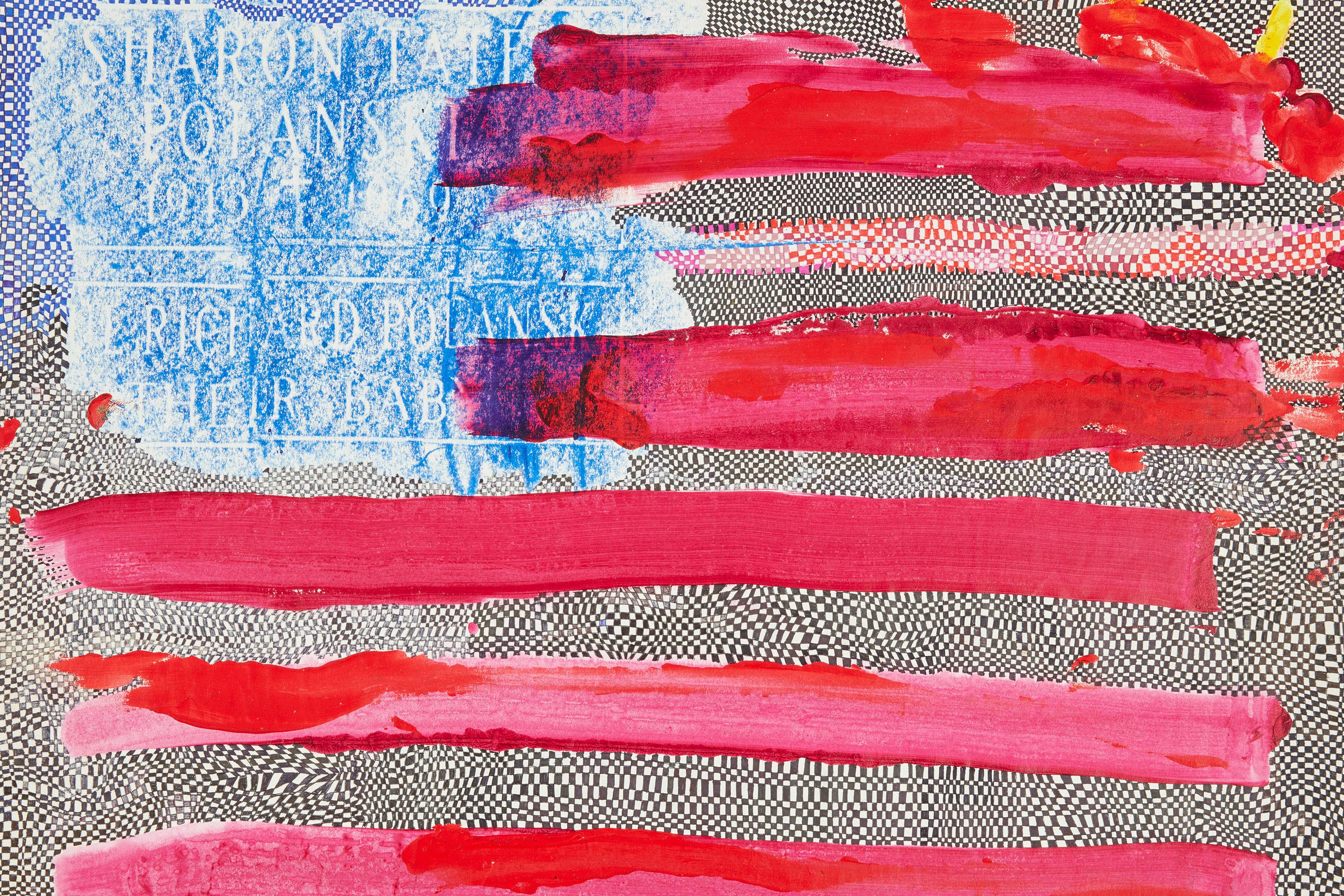 A mixed-media artwork by Scott Covert resembling an American flag with red paint streaks for stripes and a blue painted rectangle containing faint white text, all on a patterned black-and-white background.