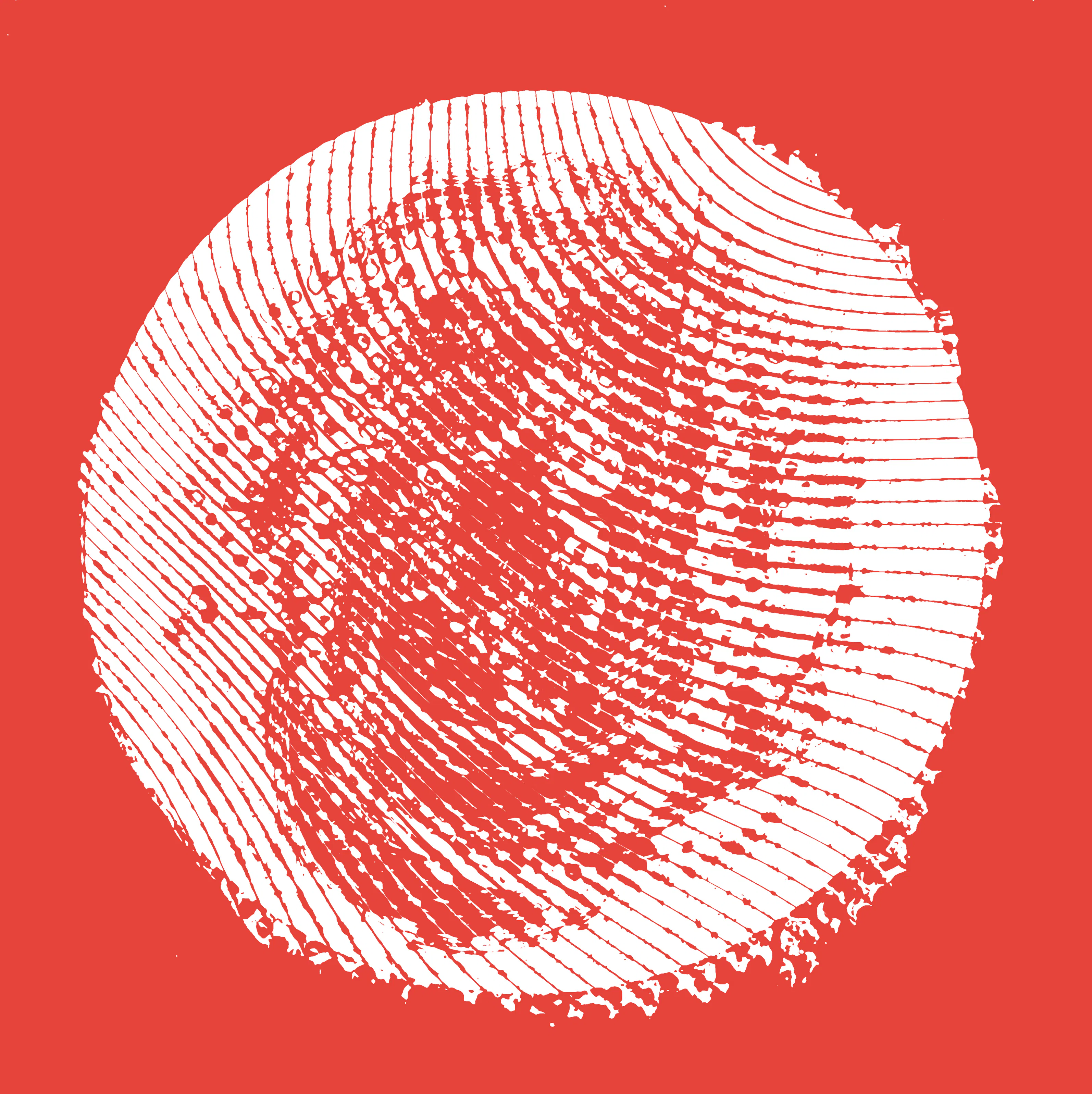 A white fingerprint appears in a circular shape centred on a solid red background. The fingerprint’s ridges and grooves are clearly defined, creating high contrast between the red and white, emphasising its texture and unique pattern.