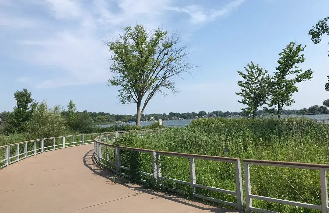 Lakefront area at Marshbank Park featuring calm water and trees.