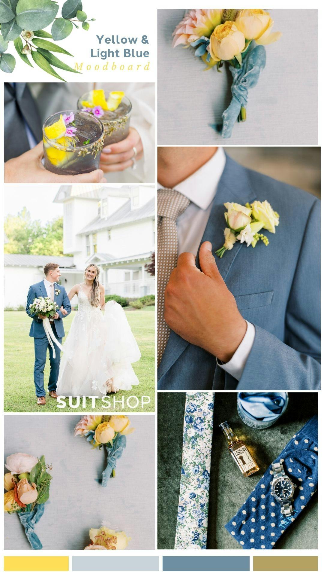 Yellow wedding color combination ideas mood board with a blue and yellow color palette for spring.