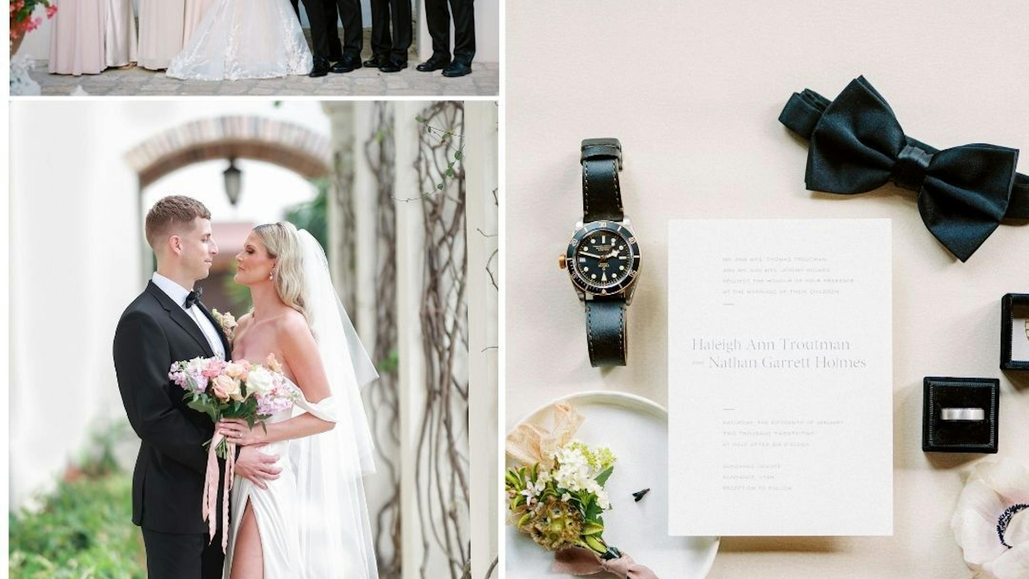 Fall 2023 wedding color palette for a classic couple with neutral, trendy black wedding suits and tuxedos with blush dresses and pink flowers.