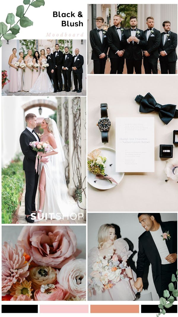 Fall 2023 wedding color palette for a classic couple with neutral, trendy black wedding suits and tuxedos with blush dresses and pink flowers.
