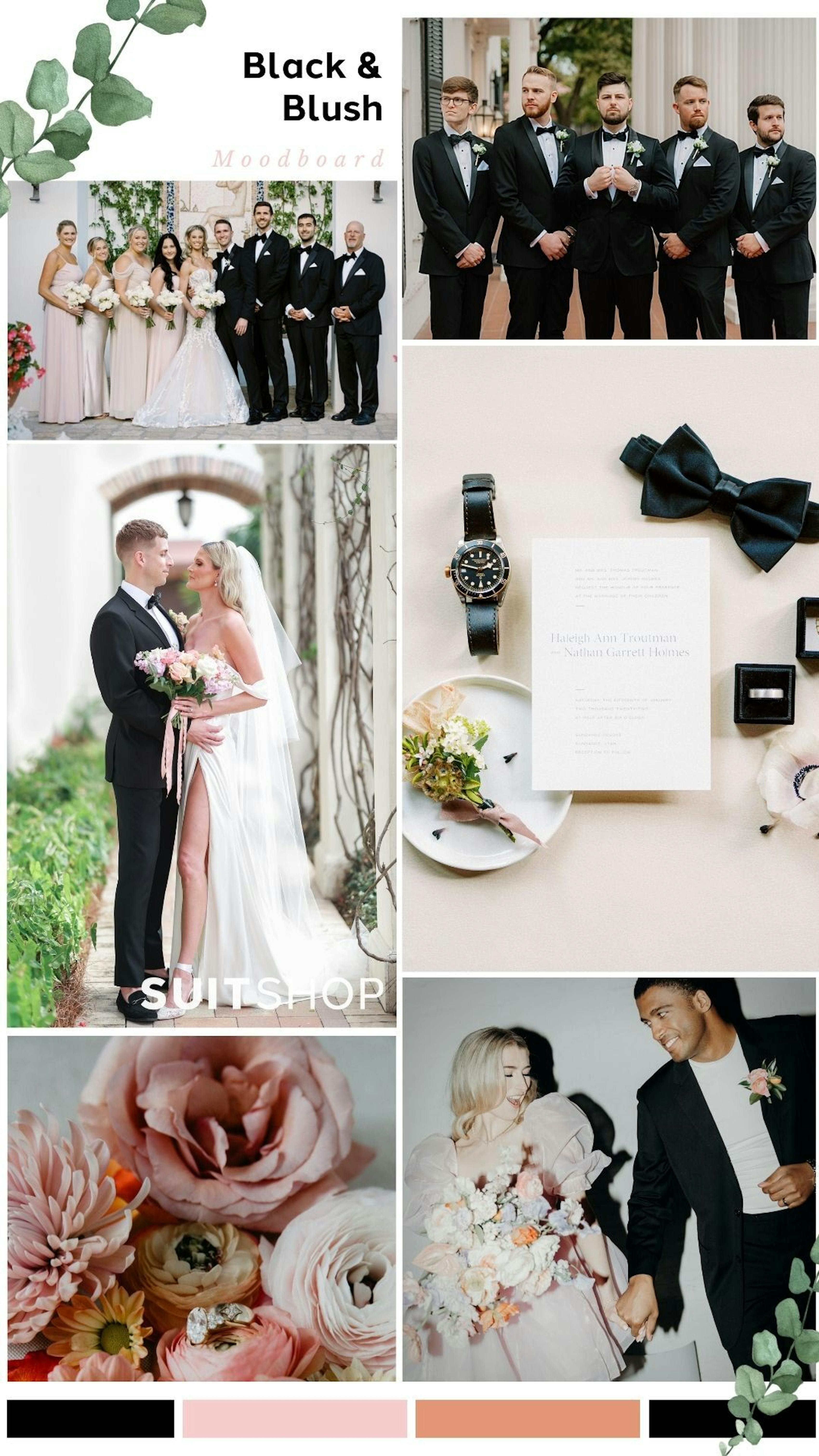 Classic wedding colors made trendy for fall 2023 with black and pale pink aesthetic, wedding tuxedos, blush dresses, and peony bouquets.