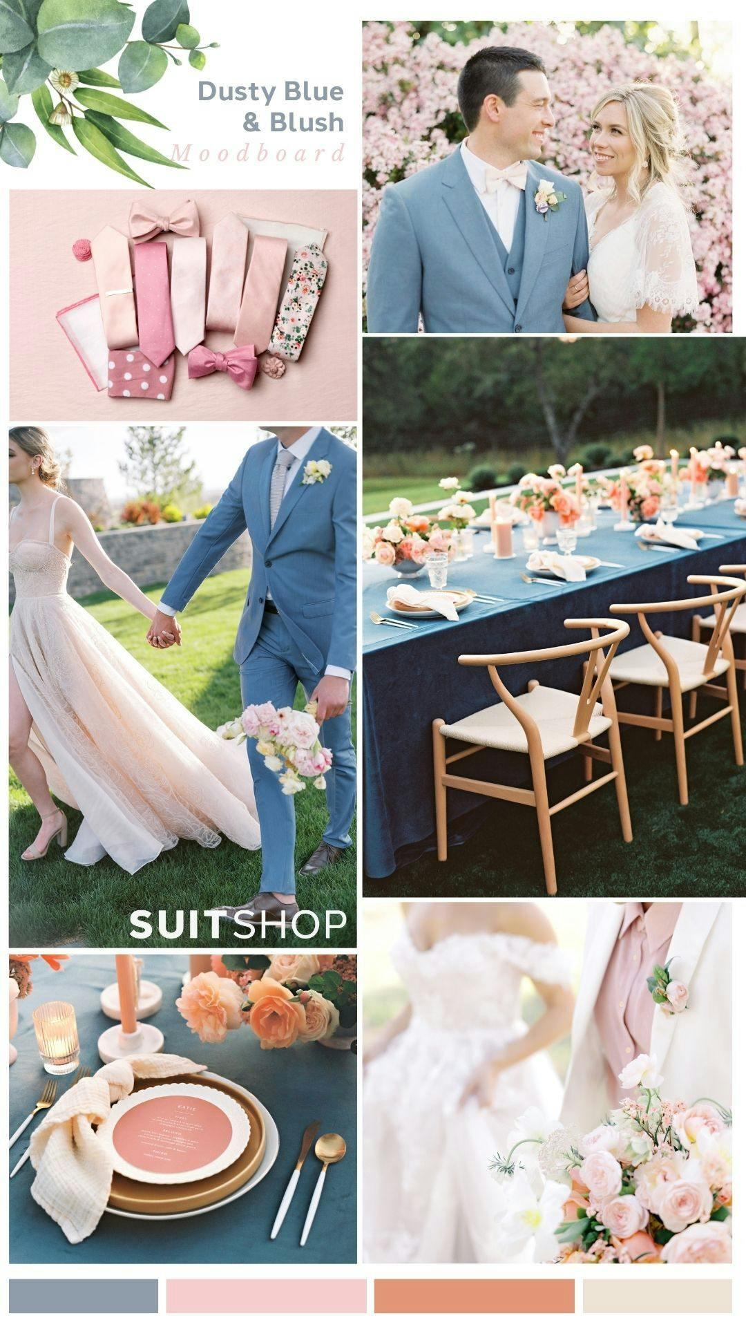 Dusty blue and blush pink wedding colors with light blue wedding suit, light pink gown, and pale pink wedding accessories and bouquets.