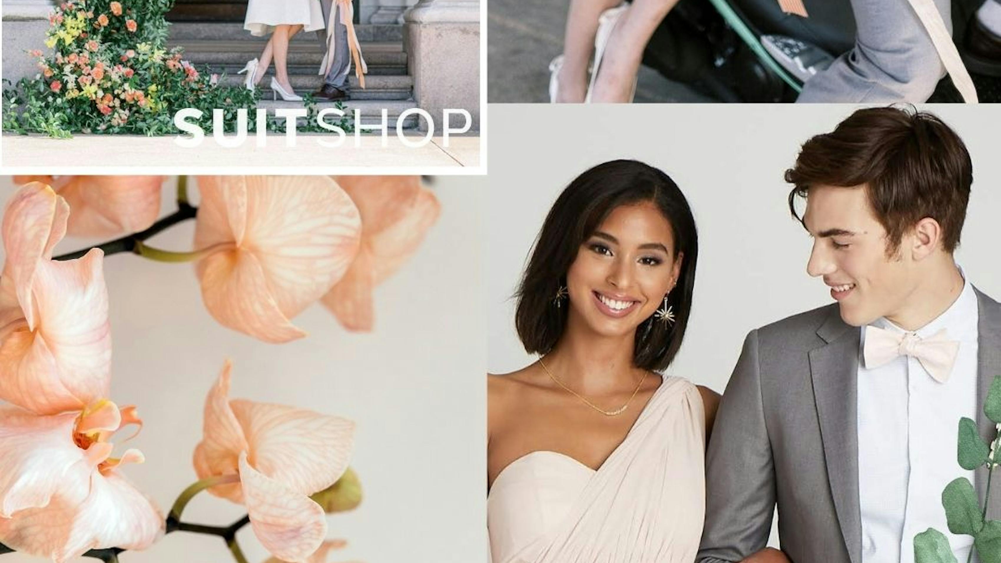 Light grey with peach, pink, and butter yellow color scheme mood board for spring 2024 wedding ideas for bridesmaid colors, groomsman suits, and flowers.