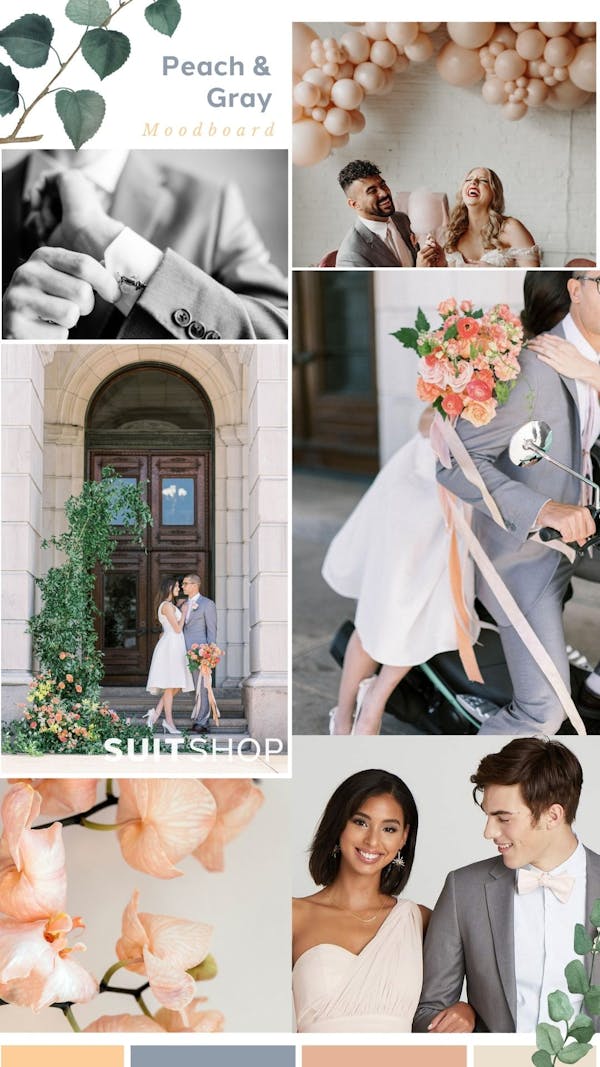 Light grey with peach, pink, and butter yellow color scheme mood board for spring 2024 wedding ideas for bridesmaid colors, groomsman suits, and flowers.