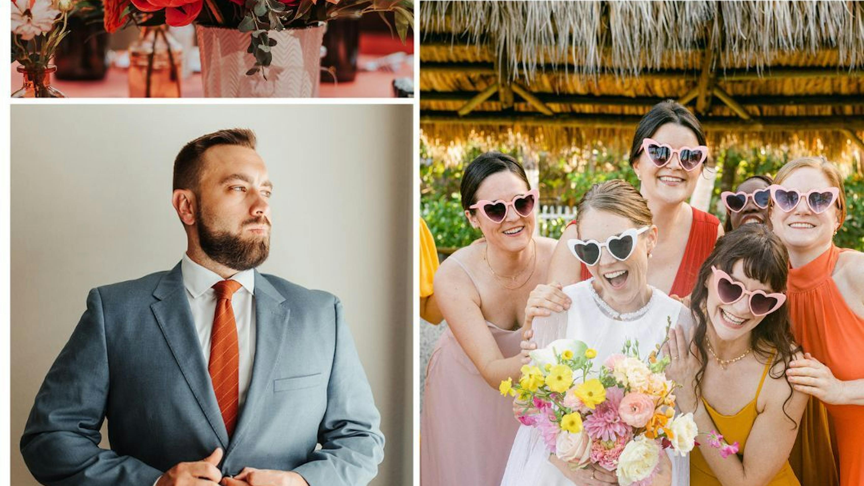 Blue and orange fun summer 2023 color palette mood board with light blue wedding and rust suits, bright colors, and sunglasses.