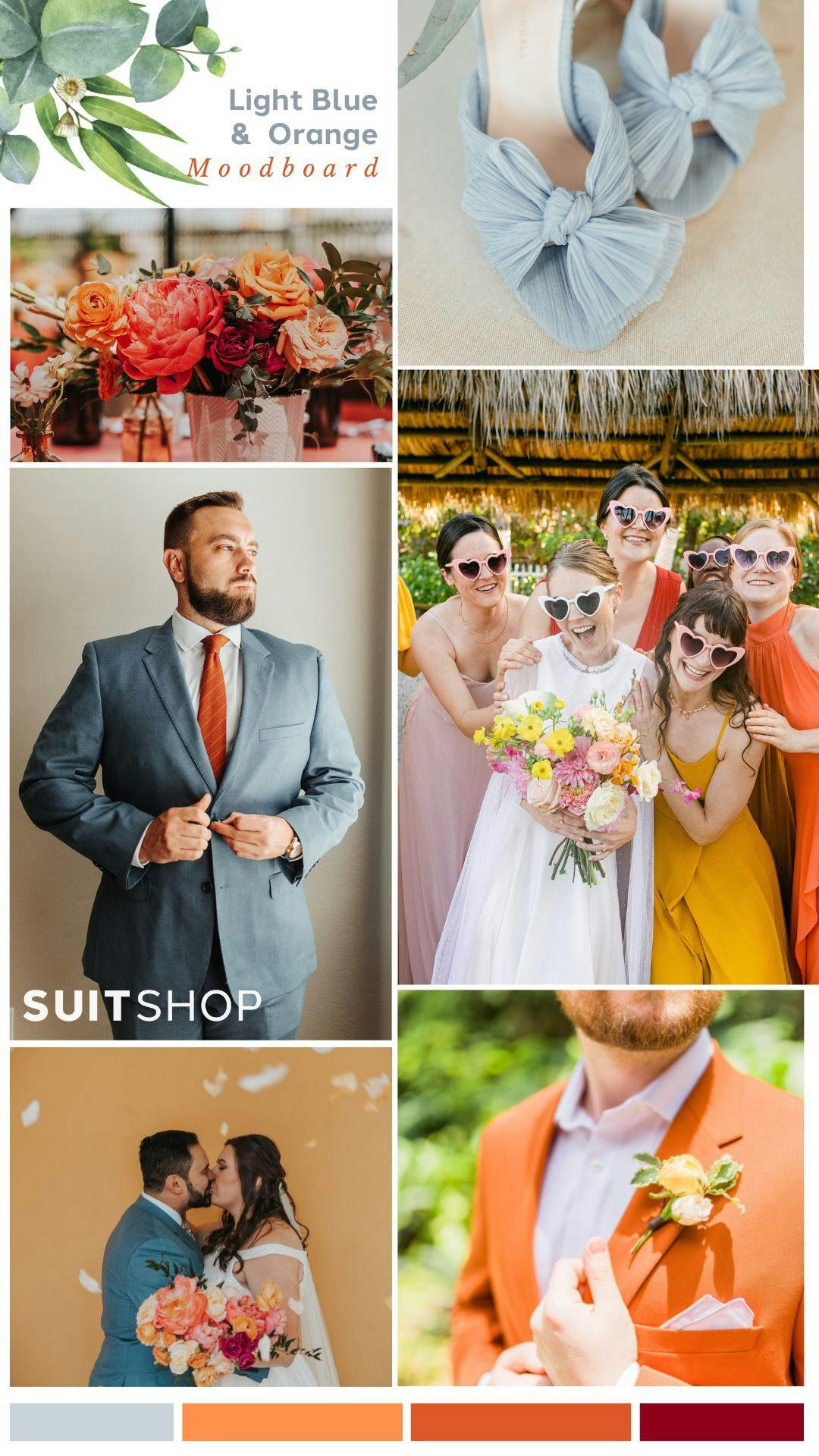 Blue and orange fun summer 2023 color palette mood board with light blue wedding and rust suits, bright colors, and sunglasses.