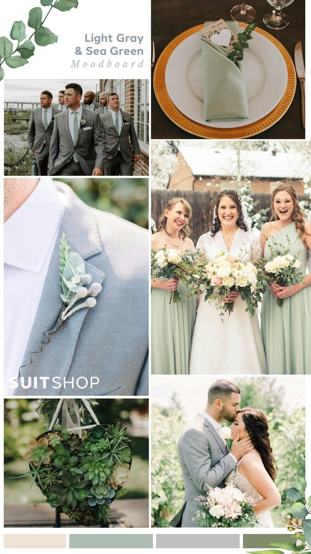 Light gray wedding suits and sage green bridesmaid dress spring wedding mood board.