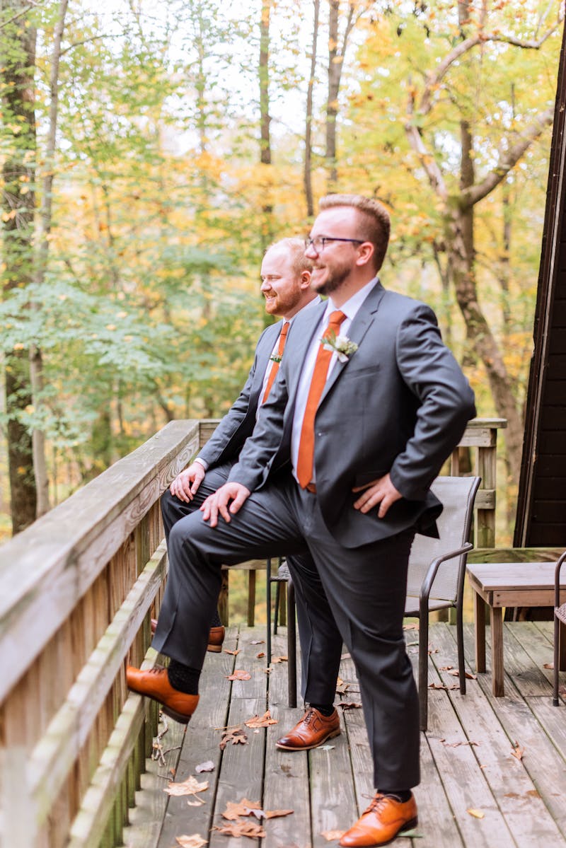grey and orange wedding looks for groomsmen