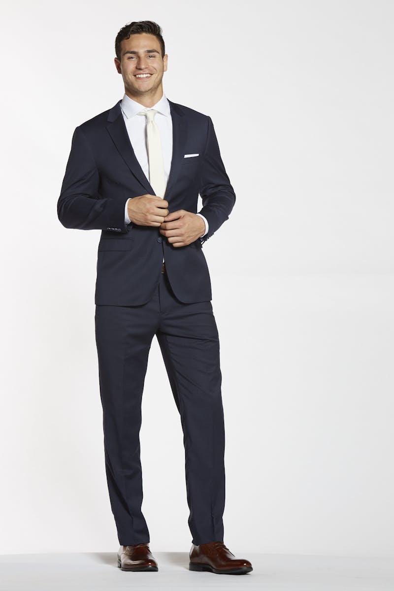 Navy blue suit with brown shoes outfit