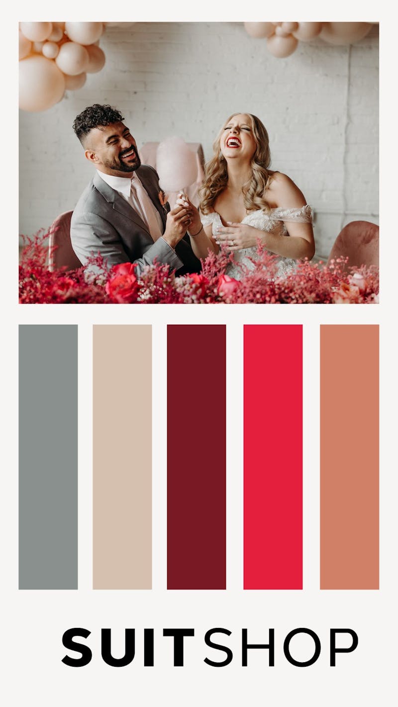 Color palette for 2023 weddings with light gray, Cloud Gray, light dusty pink, Viva Magenta, bright pink or coral, and peachy taupe.