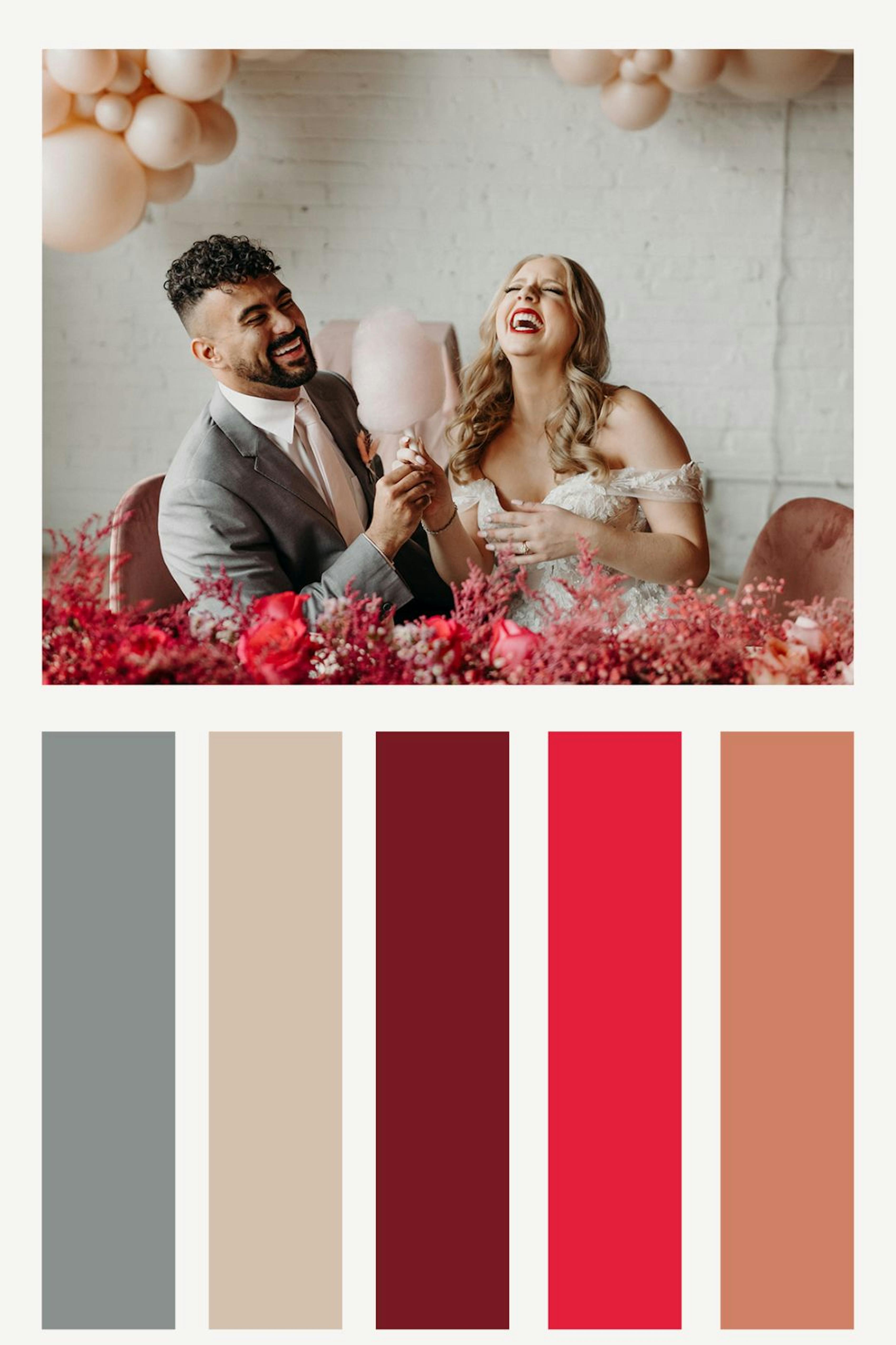 Color palette for 2023 weddings with light gray, Cloud Gray, light dusty pink, Viva Magenta, bright pink or coral, and peachy taupe.