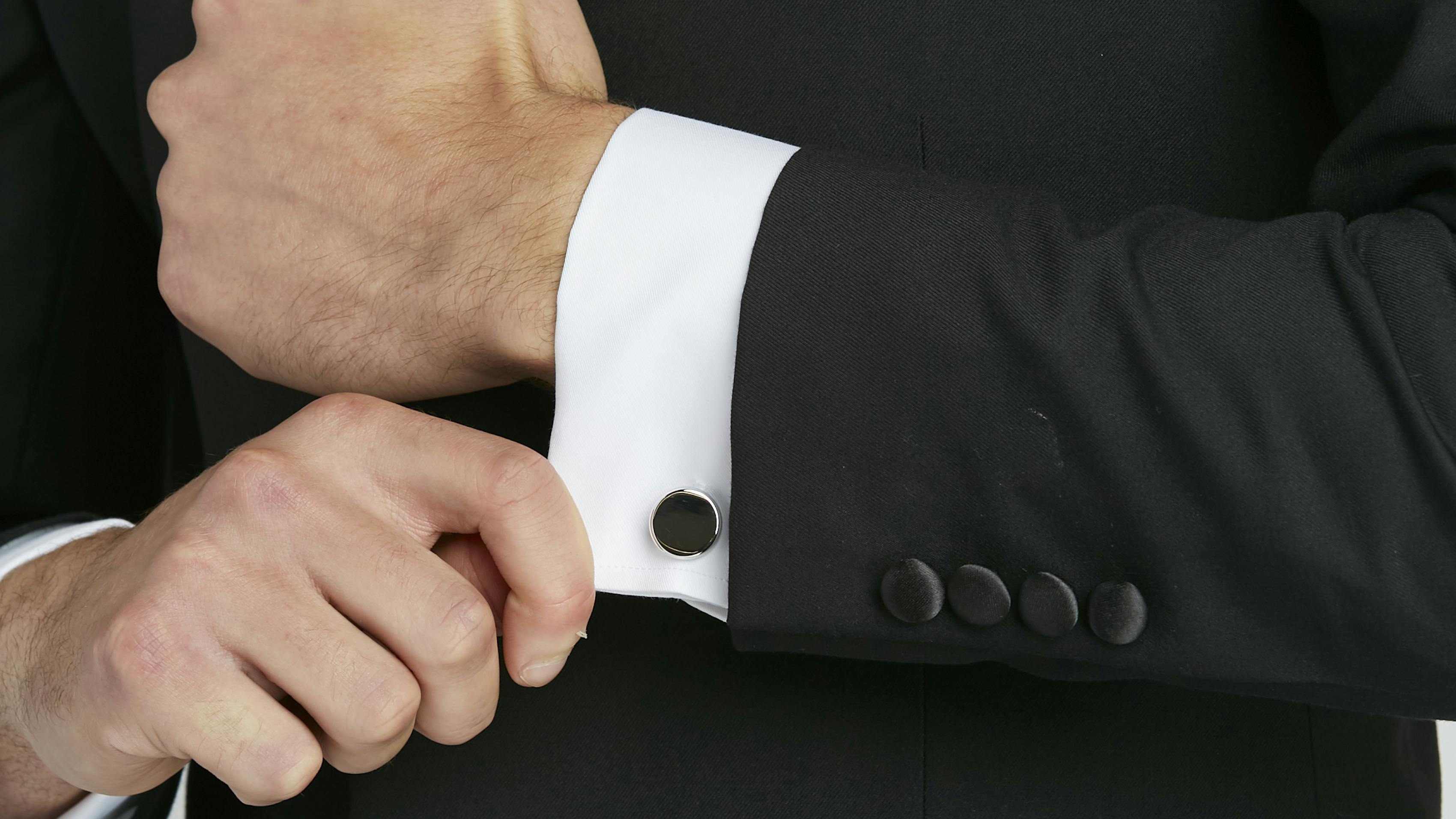 black tuxedo with french cuff shirt and formal cufflinks for men