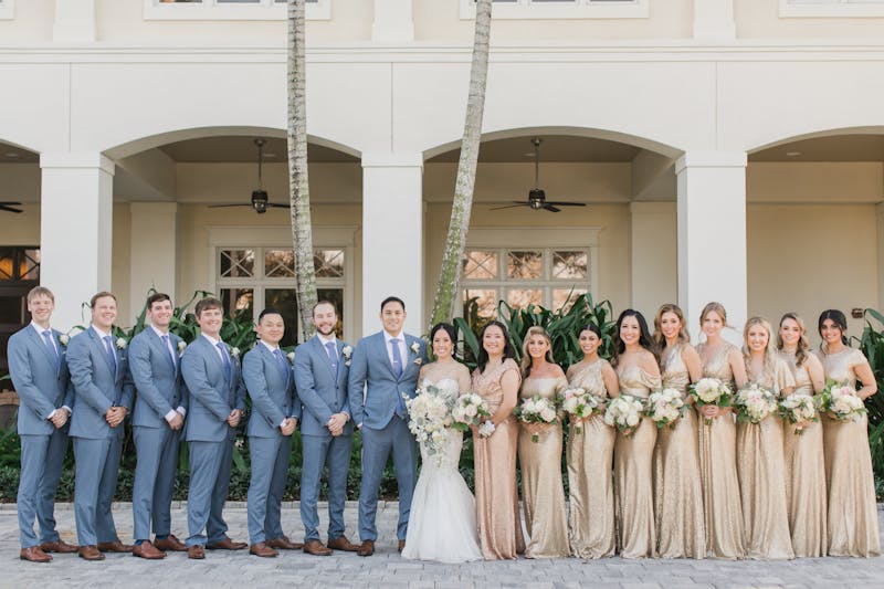 dusty blue and gold wedding party