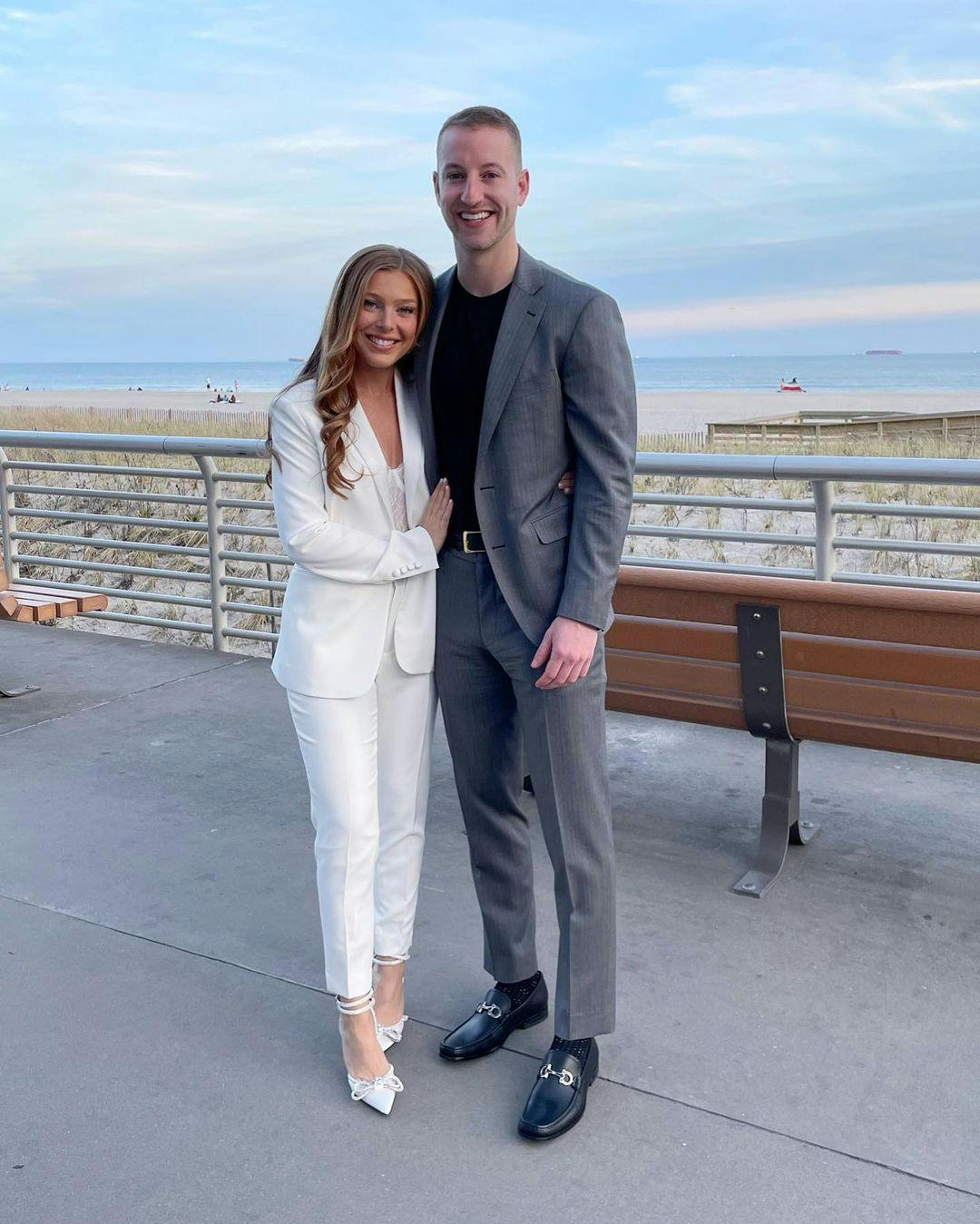 Bride-to-be sporting the White Tuxedo to her rehearsal dinner