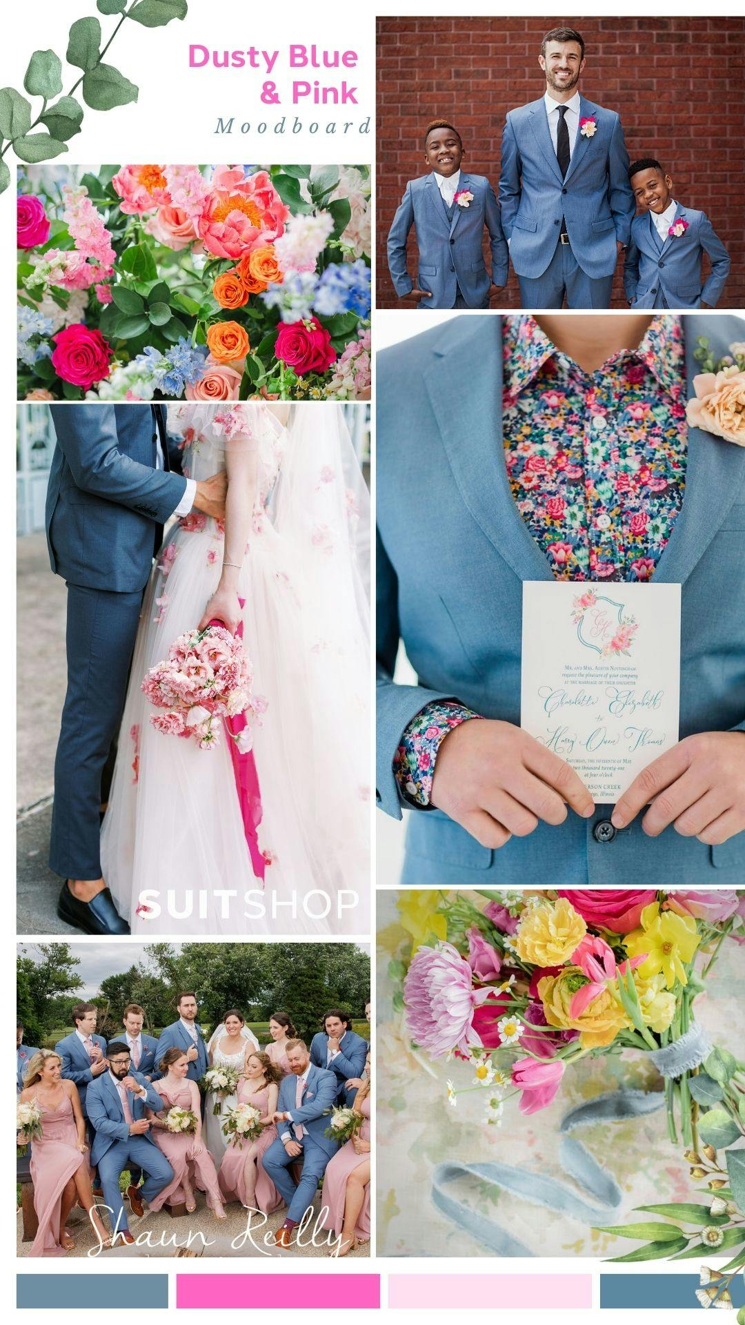 Cotton candy trendy blue and pink wedding color combination for spring with light blue groomsman suits, floral wedding shirt, hot pink bouquets, and blush bridesmaid dresses.