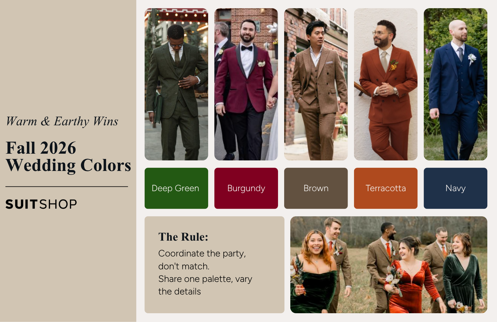 Fall 2026 wedding colors infographic featuring deep green, burgundy, brown, terracotta, and navy suit inspiration with coordinated wedding party styling.