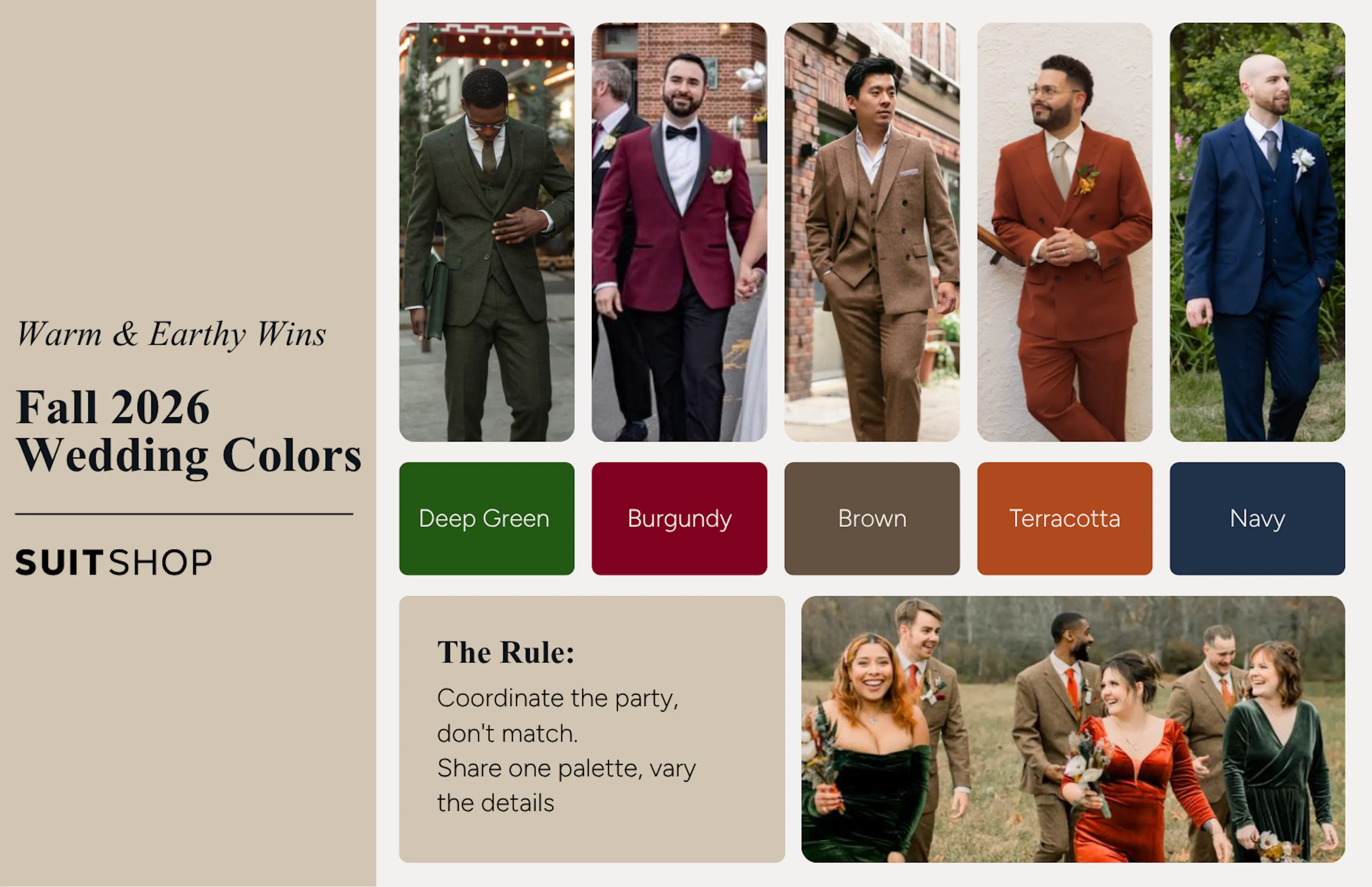 Fall 2026 wedding colors infographic featuring deep green, burgundy, brown, terracotta, and navy suit inspiration with coordinated wedding party styling.