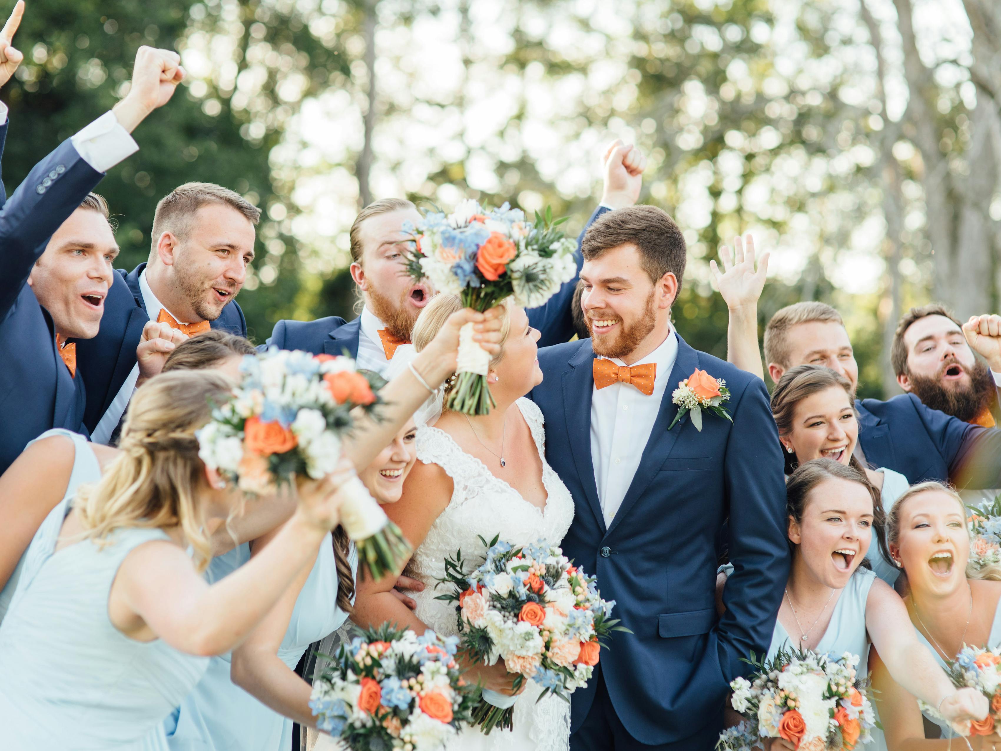 Groomsmen in navy blue wedding suits for men
