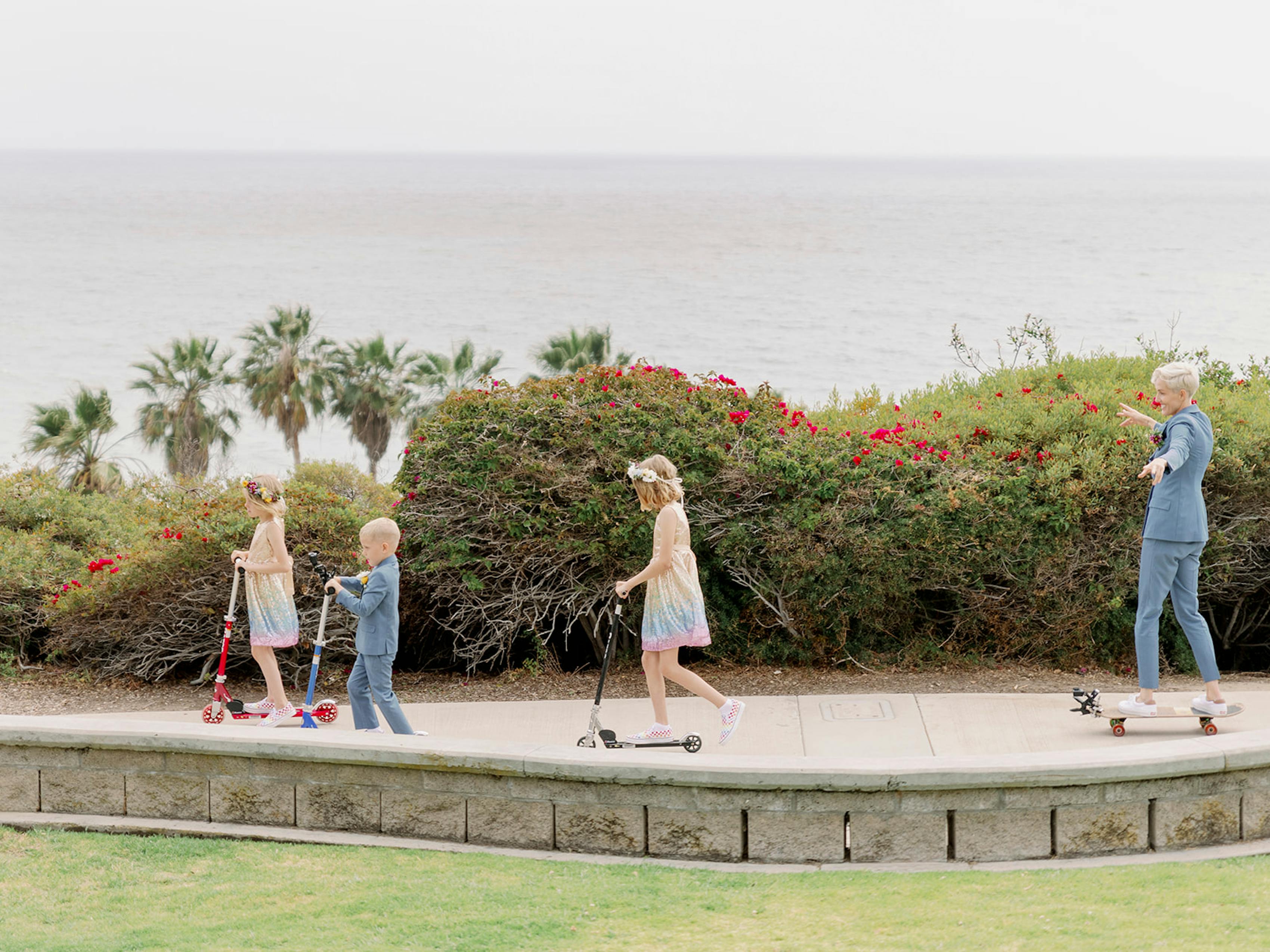Sally Osborne skateboarding with her family before her wedding.