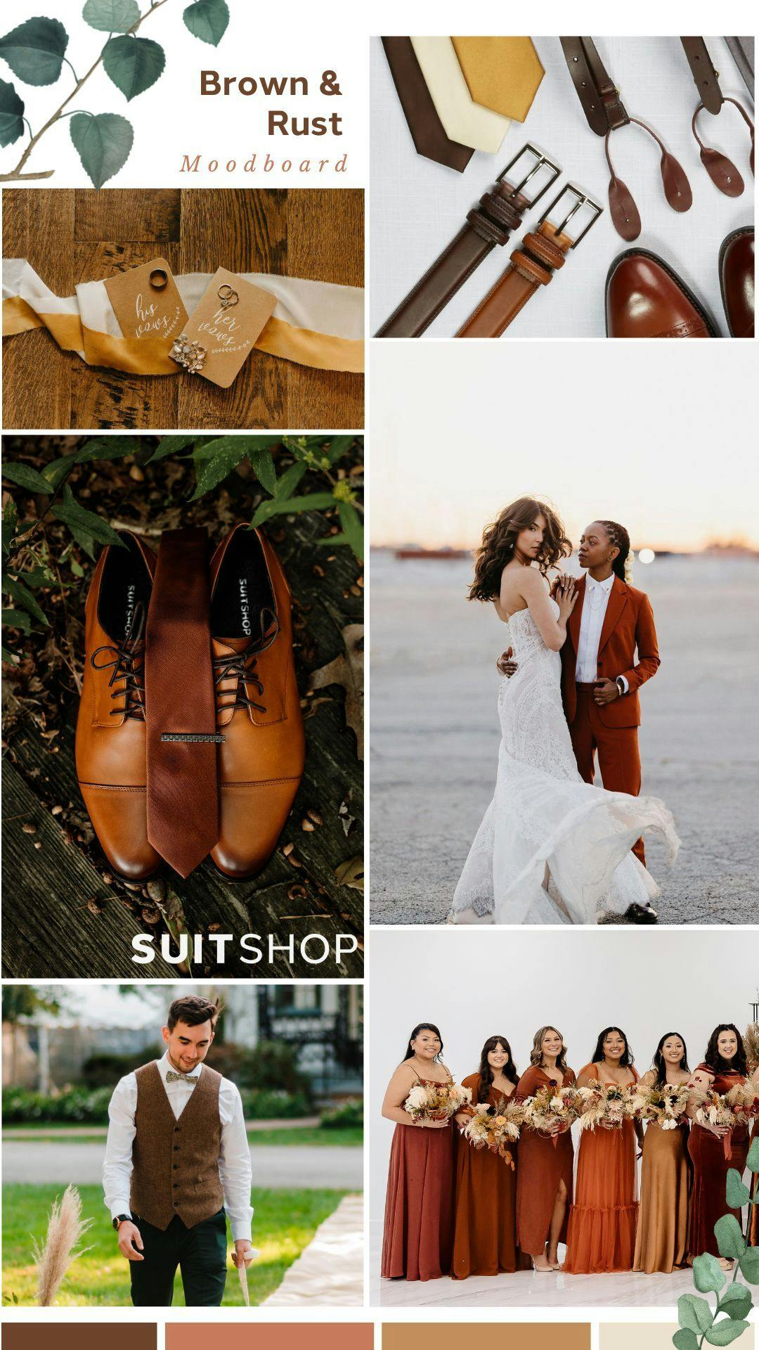 Earthy, relaxing wedding color palette for summer with tweed suit vests, burnt orange suits, brown shoes, and rust bridesmaid dresses.
