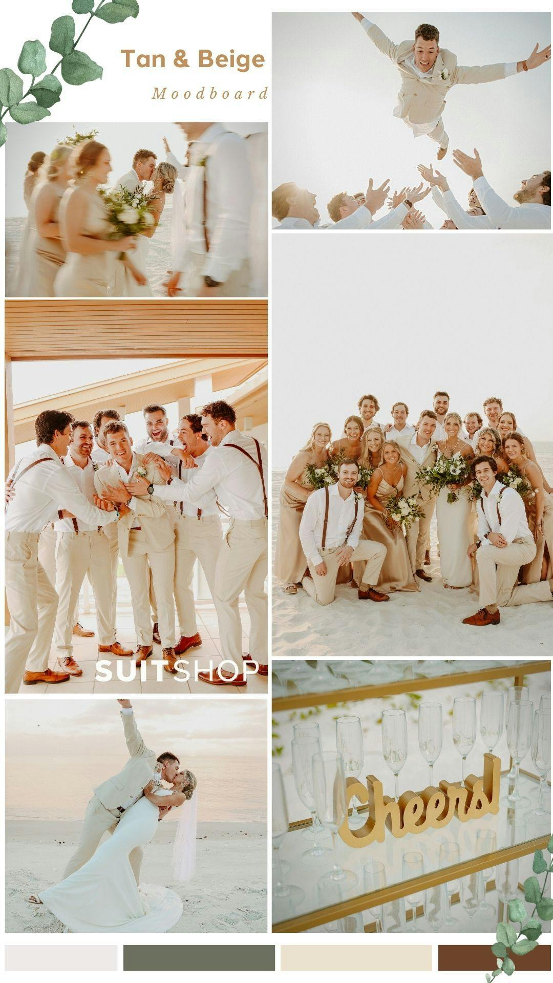 Neutral wedding mood board with tan and beige bridal party style, suits, suspenders on the beach.