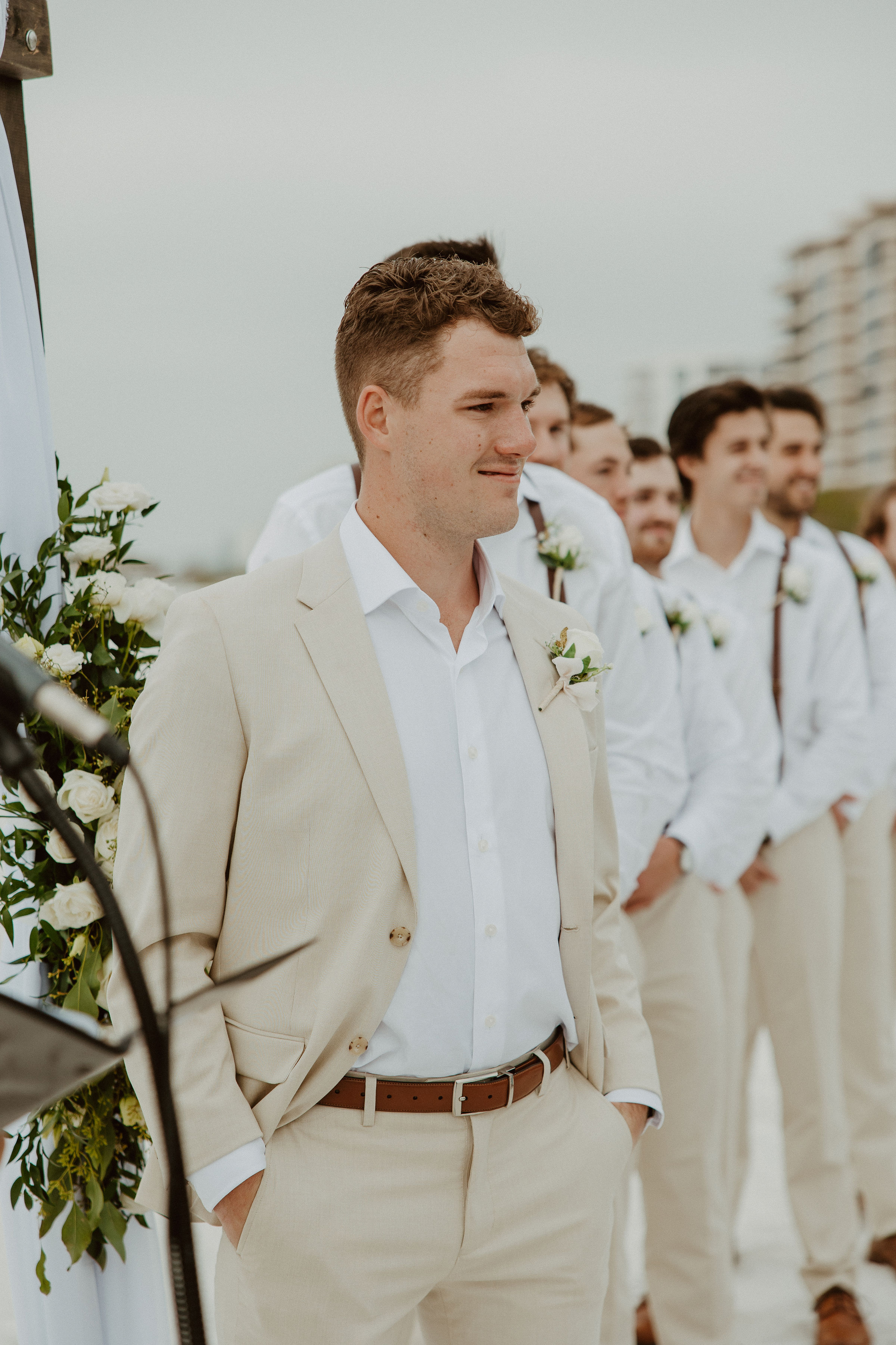 Tan suit 2024 beach wedding