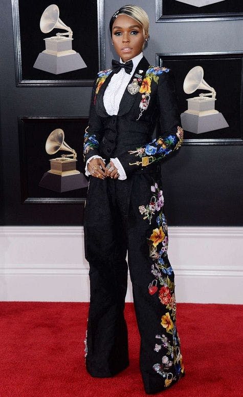 Janelle Monáe in floral embroidered black and white tuxedo at the Grammy's red carpet.
