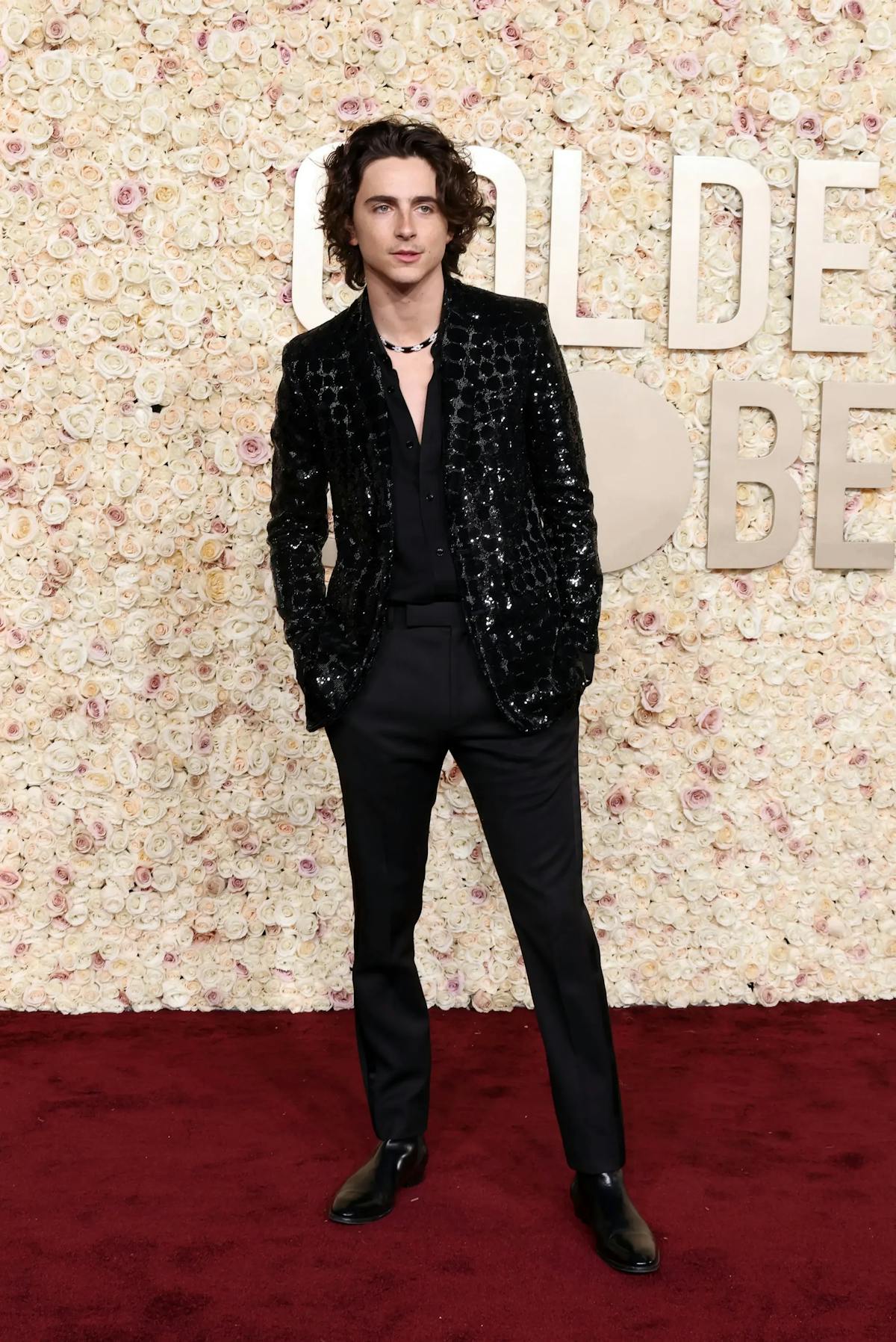 Timothée Chalamet at the 2024 Golden Globes for Wonka wearing an all black tuxedo with patterned sequin detail.