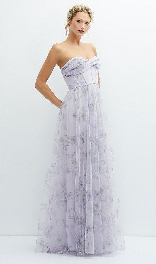 Lilac purple bridesmaid gown in floral tulle with crossover strapless corset.